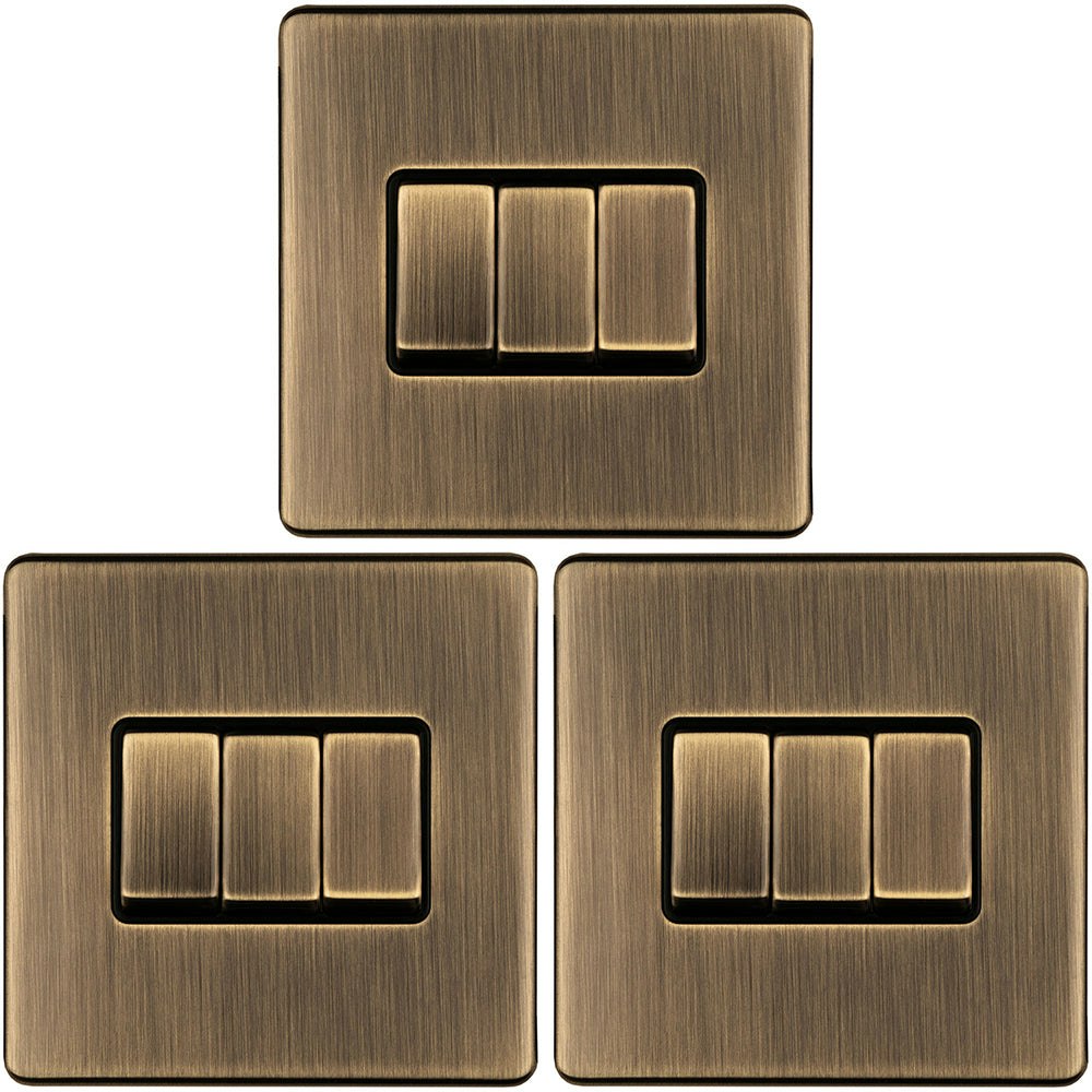 Loops 3 PACK 3 Gang Triple Light Switch SCREWLESS ANTIQUE BRASS 2 Way 10A Slim Rocker