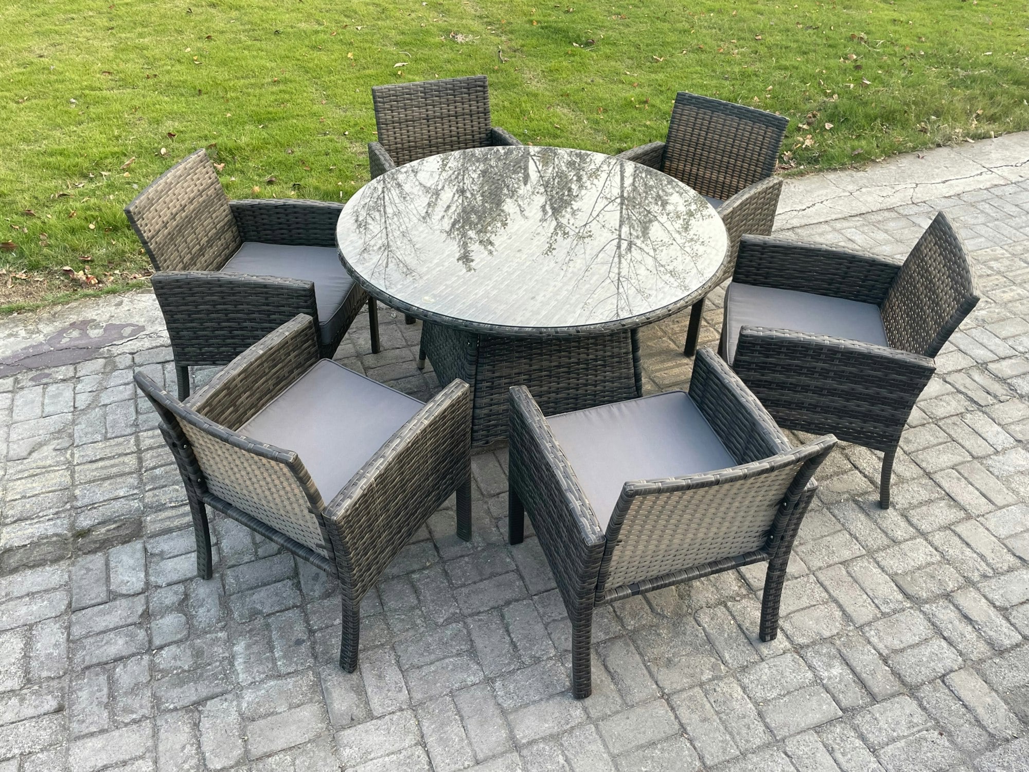 Rackhams Dark/Grey Wicker Pe Outdoor Rattan Garden Furniture Arm Chair And Table Dining Sets 6 Seater Large Round Table Mixed