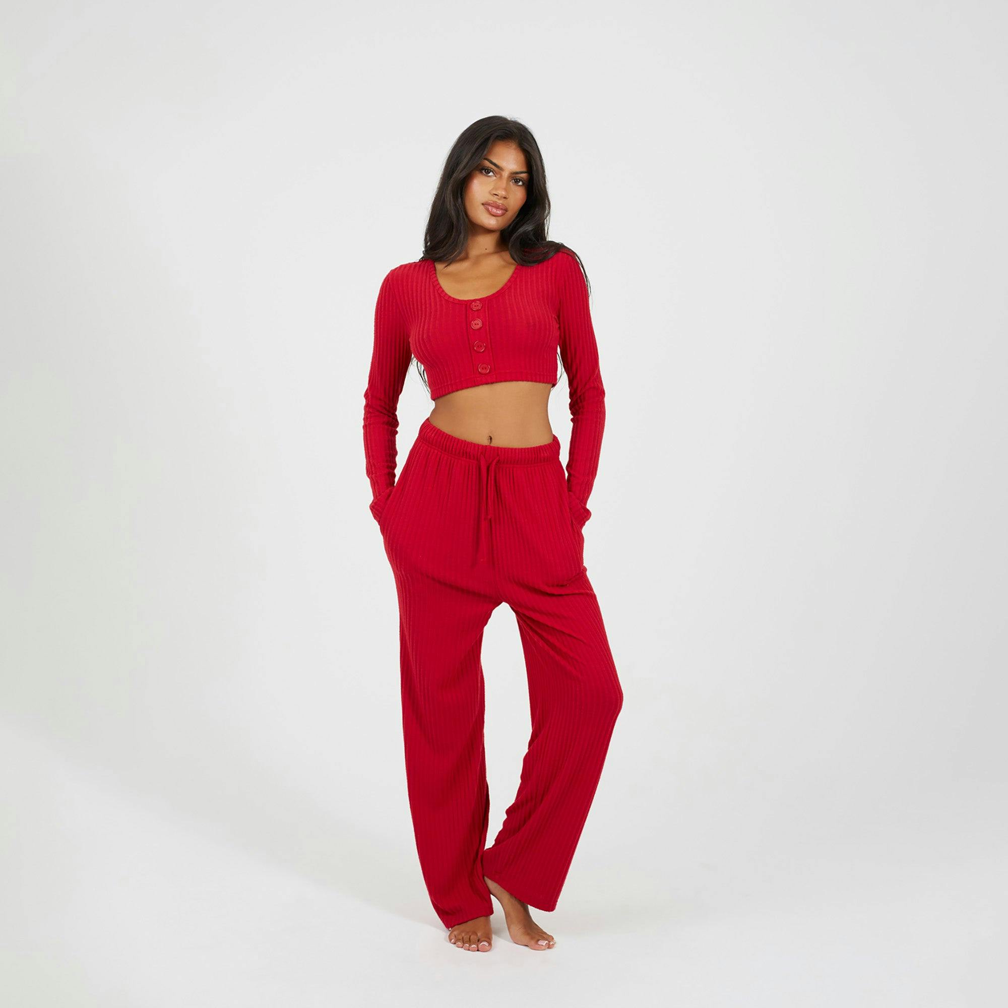 Brave Soul Women's Red Cropped Long Sleeve & Wide Leg Lounge Set In | Size: Medium - Image 2
