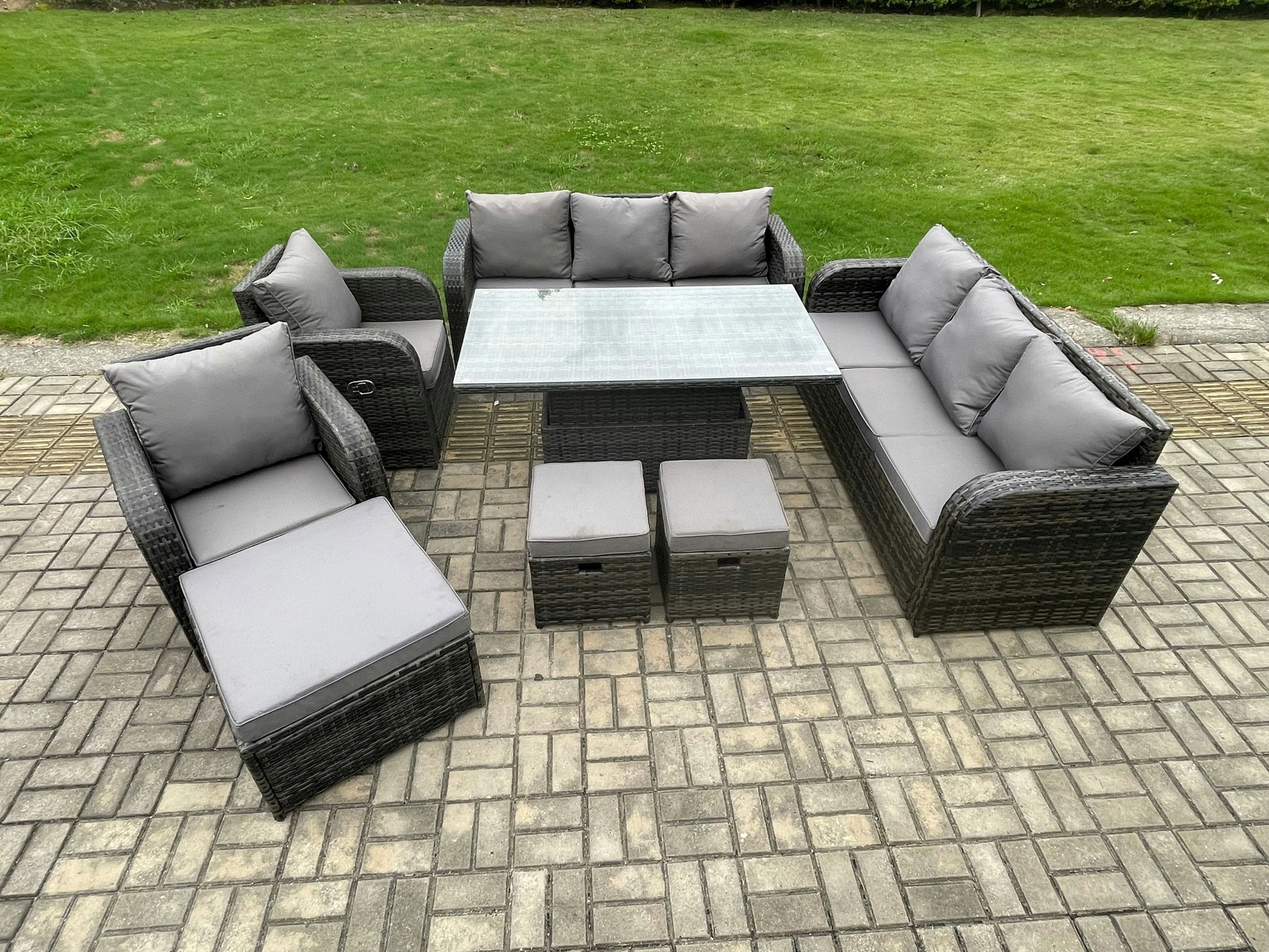 Fimous Dark/Grey Mixed Pe Rattan Outdoor Dining Set - Height Adjustable Lifting Table, Reclining Chair & 3 Footstools