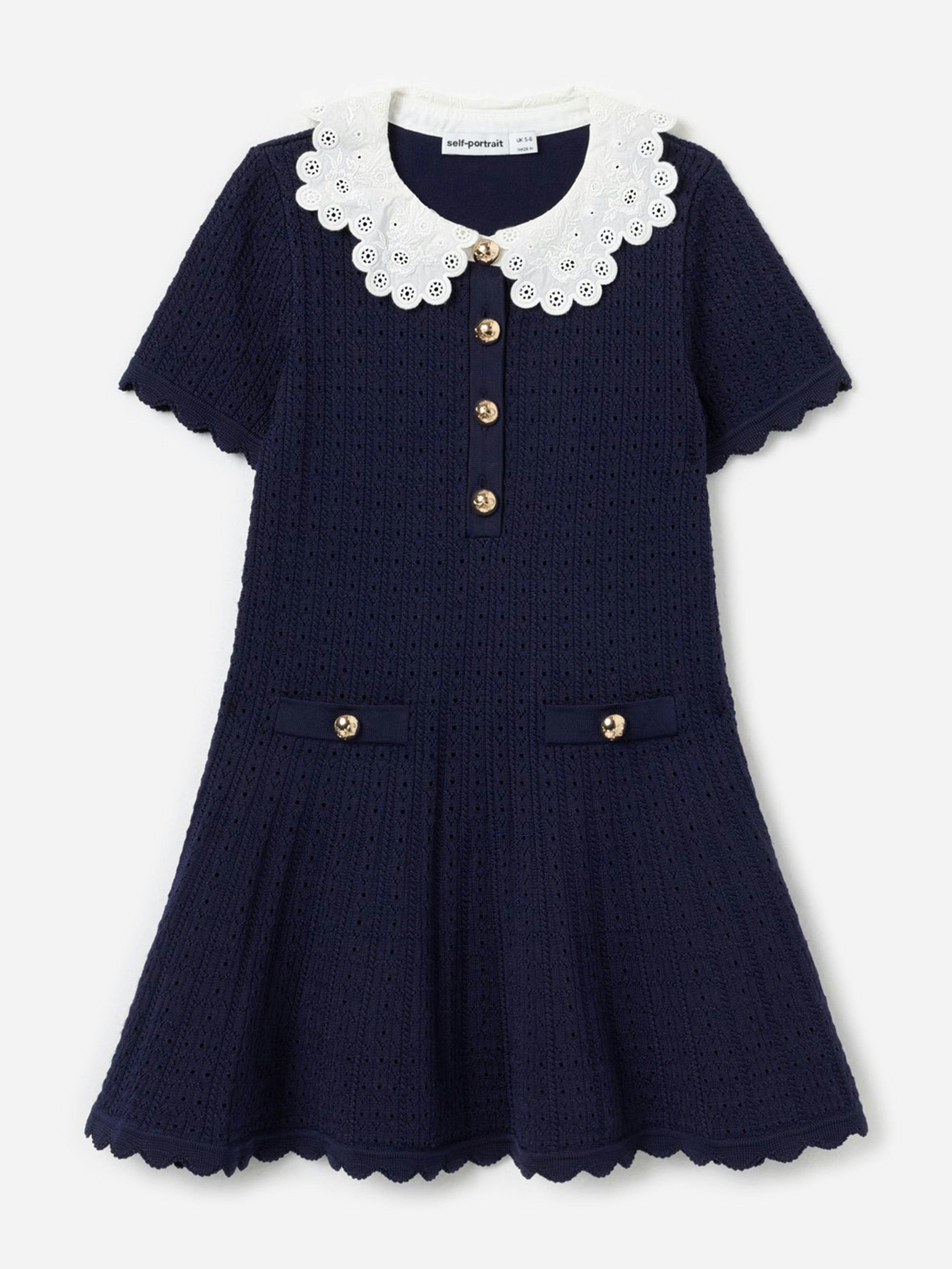 Self Portrait Girls Contrast Collar Knit Dress In Navy - Navy - 7 - 8 Yrs