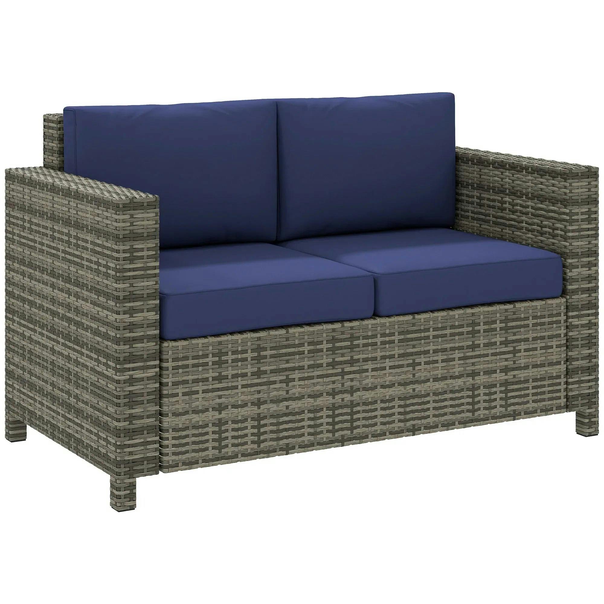 Bobobiy Blue Rattan Sofa, 2 Seater Garden Furniture With Soft Padded Cushion And Armrests, Wicker Garden Loveseat For Patio, Navy