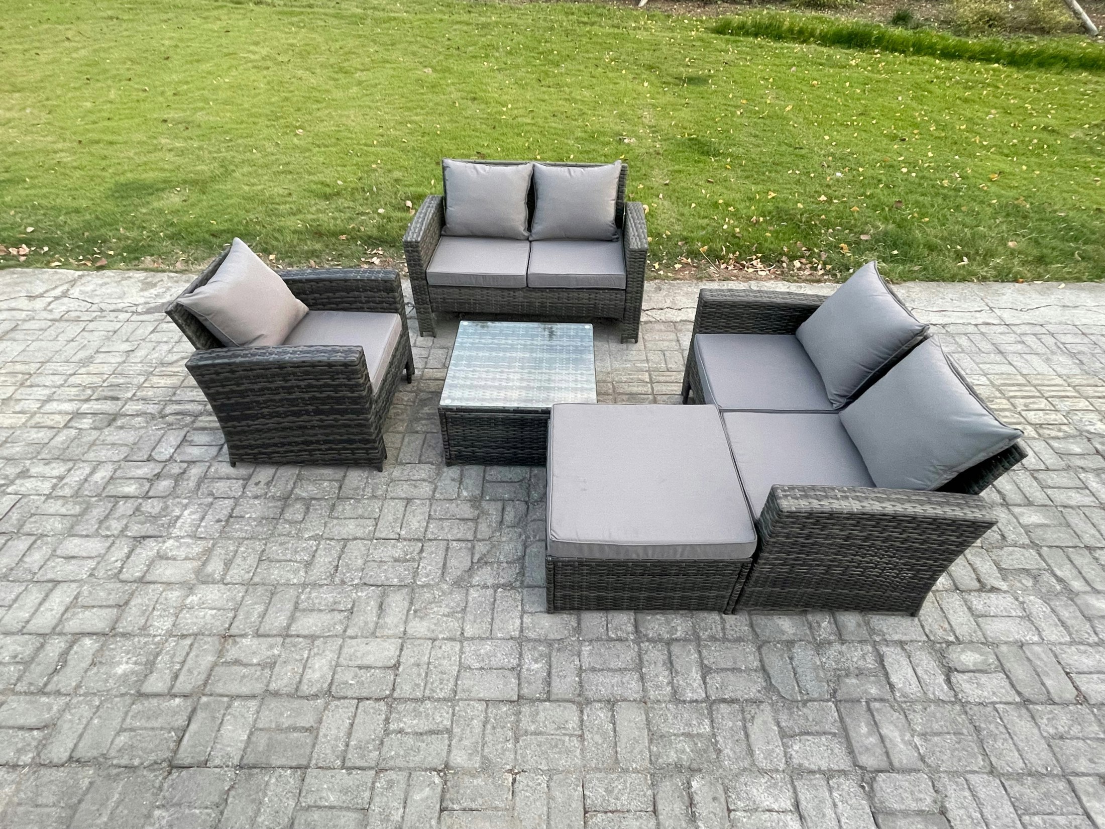 Rackhams Dark/Grey Outdoor Rattan Garden Furniture Set Conservatory Patio Sofa Coffee Table Set With Chair Big Footstool Mixed