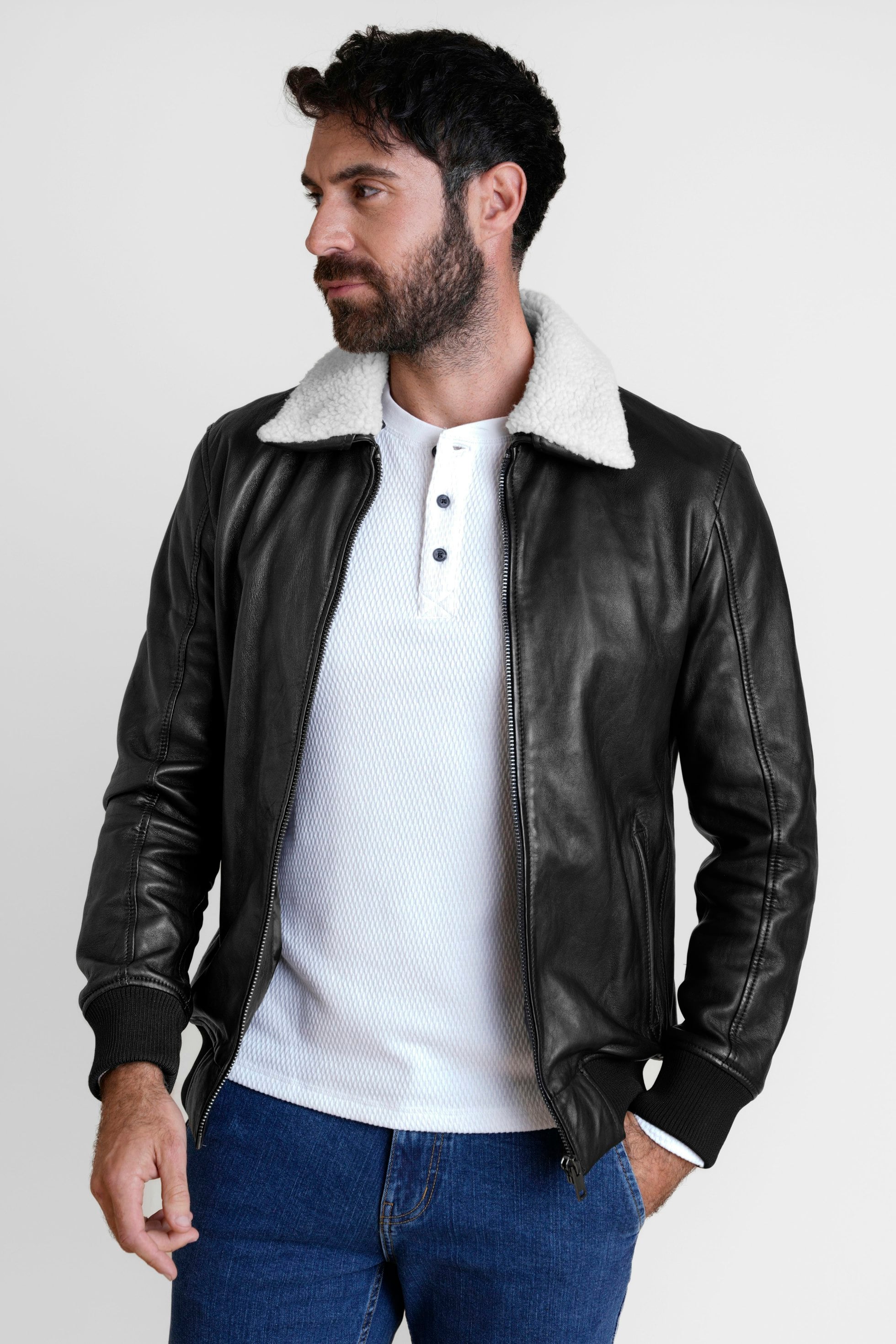 Enorsia Men's Black Detachable Borg Collar Genuine Leather Jacket - L - 100% Genuine Leather; Lining: 100% Polyester - Image 4