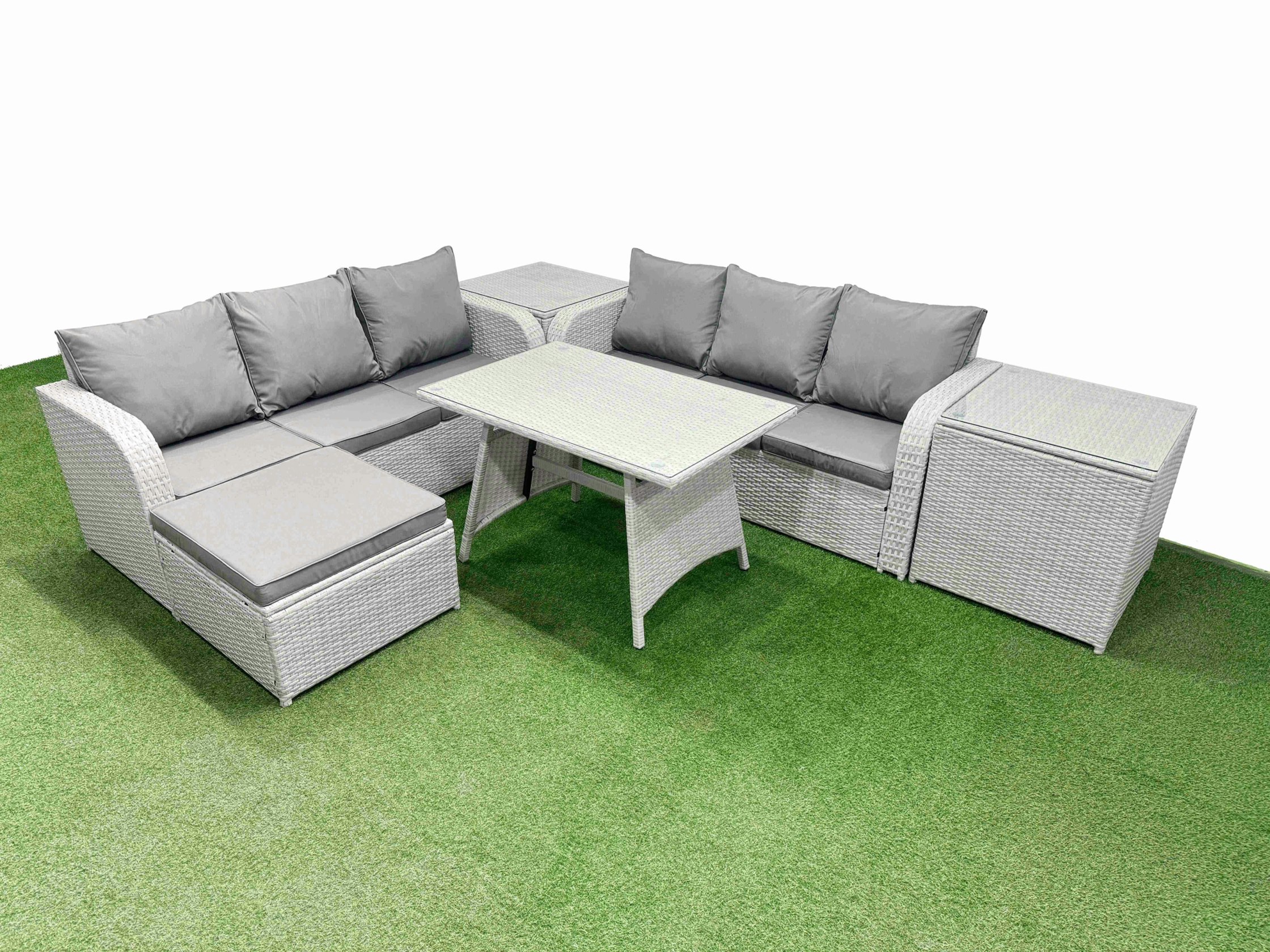 Rackhams Light/Grey Patio Dining Table & Chairs Set Rattan High Back Lounge Sofa Set With 3 Seater Sofa 2 Side Tables Big Stool