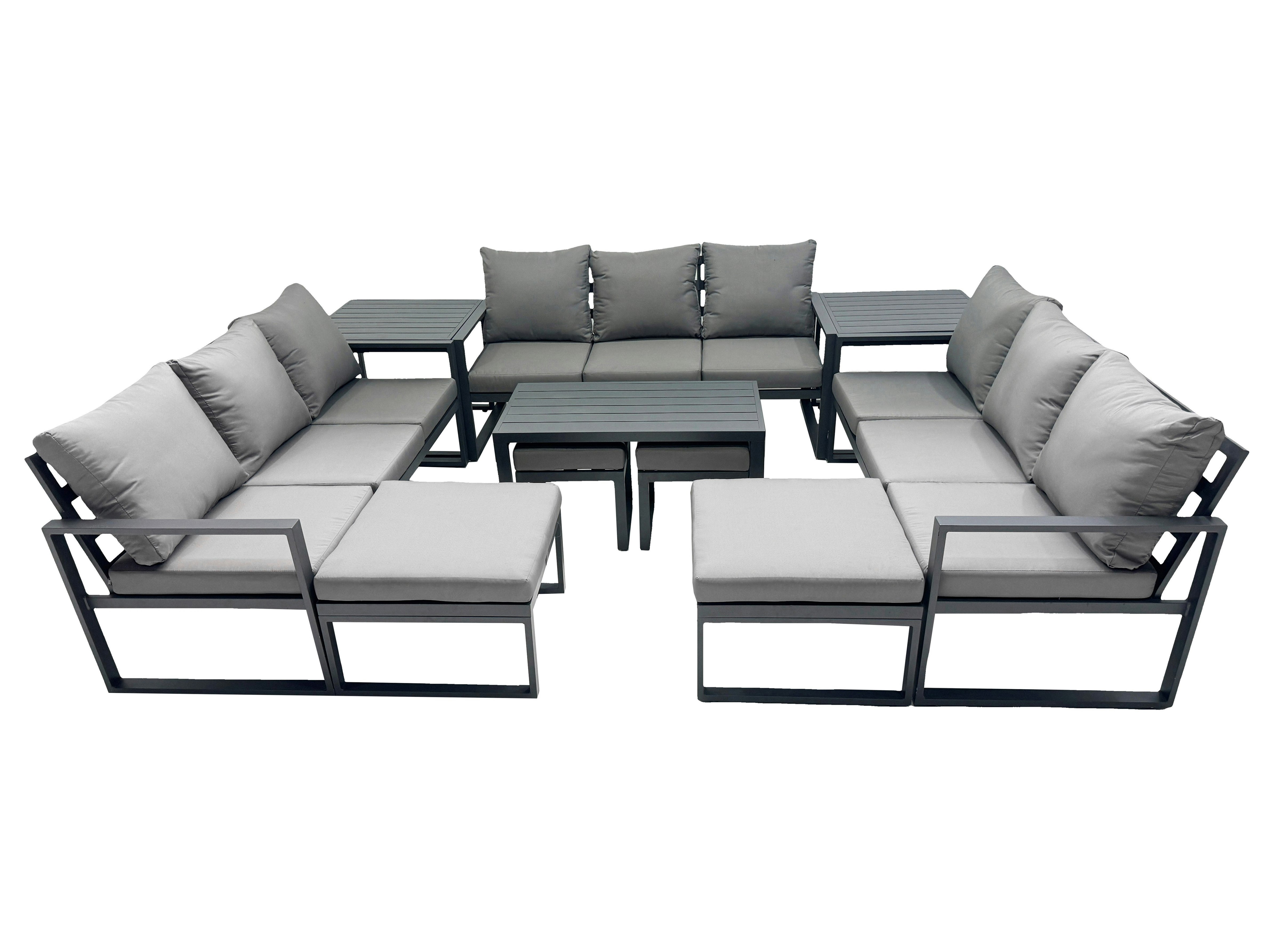 Fimous Dark/Grey Outdoor Garden Furniture Set Aluminium Lounge 3 Seat Sofa Oblong Coffee Table Sets With 4 Stools 2 Side Tables