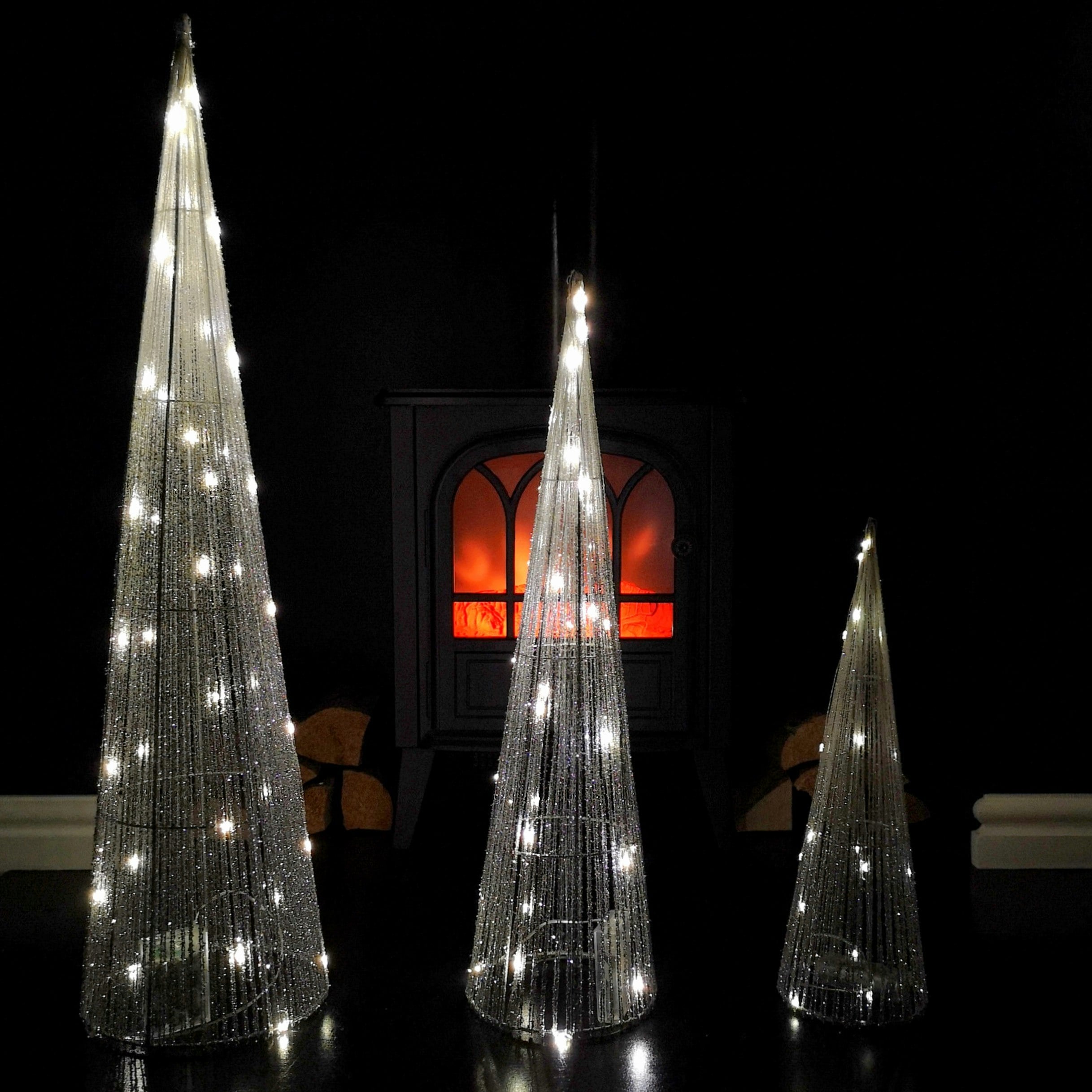 Samuel Alexander LED Tree Cone Obelisk Trio - Silver - 90 Warm White LEDs - Indoor Use - H80cm - Image 4
