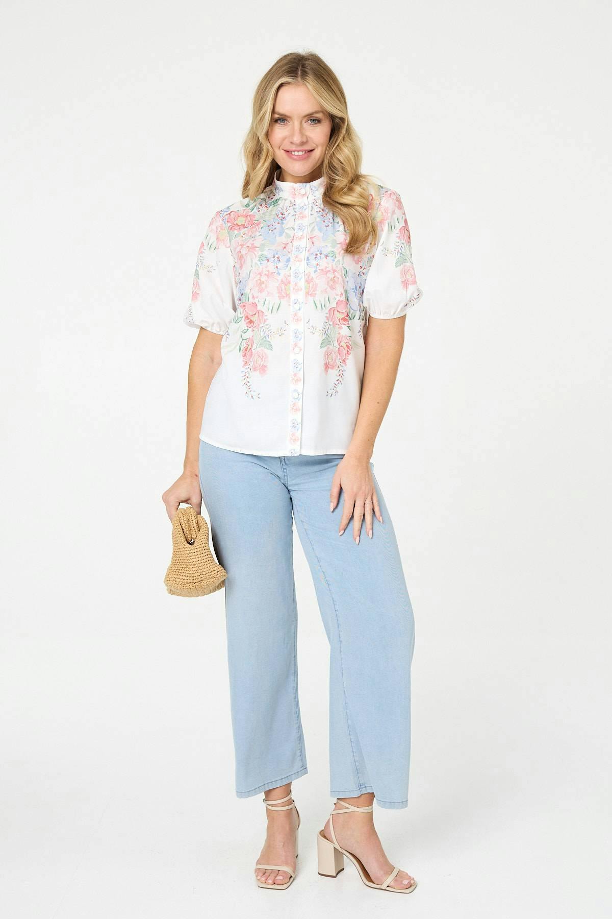Izabel London White Floral 1/2 Puff Sleeve Boxy Shirt - 10