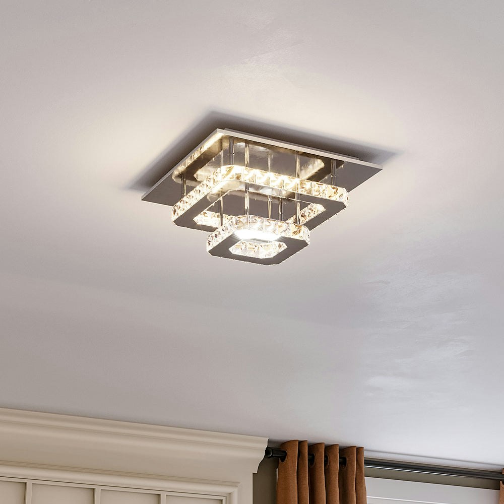 Rackhams Light Modern 2-Tier Crystal Led Ceiling Fixture Dimmable/Non-Dimmable - W 30 X L 30 X H 12 Cm - Dimmable (Warm Glow)
