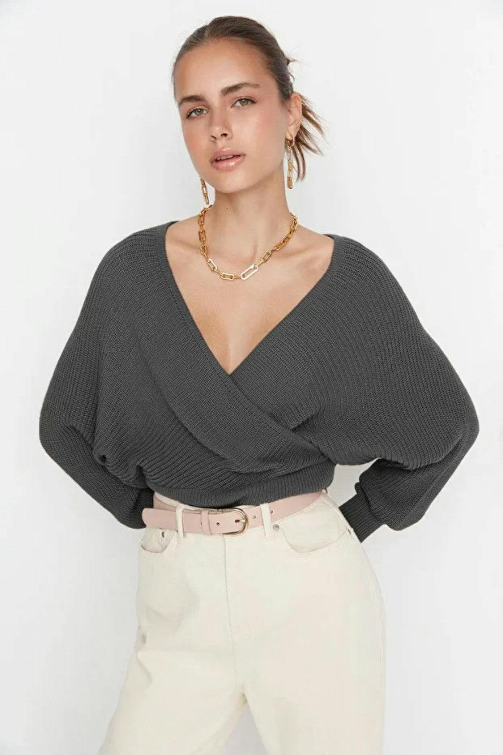 Hoxton Gal Dark/Grey Wrap Knit Sweater - S