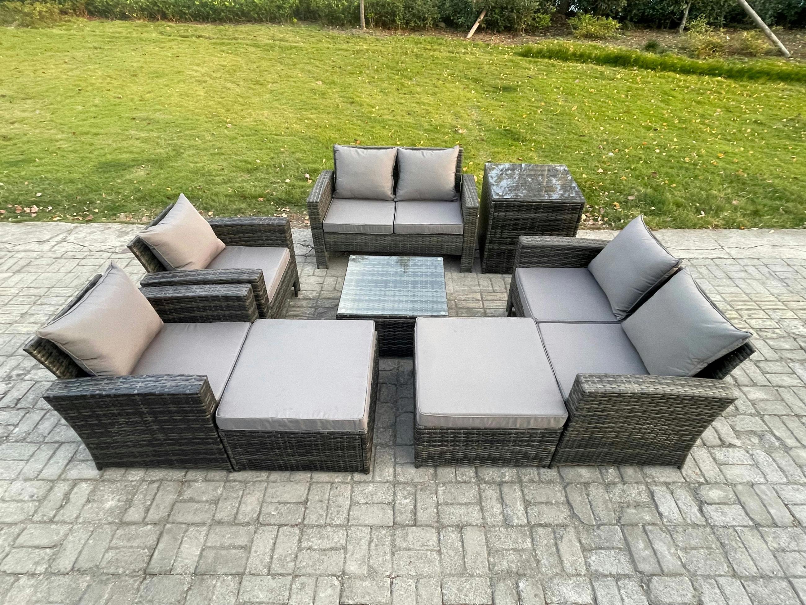 Fimous Dark/Grey 8 Pieces Garden Set, Wicker Rattan, Manual Patio Sofa Conversation, 2 Big Footstools And Side Table, Mixed