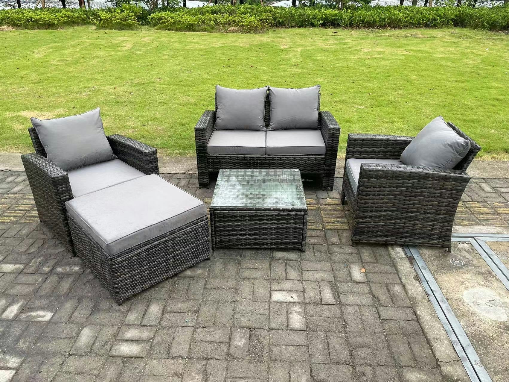 Fimous Dark/Grey 5 Seater Mixed High Back Rattan Sofa Set Square Coffee Table Garden Furniture Outdoor Patio