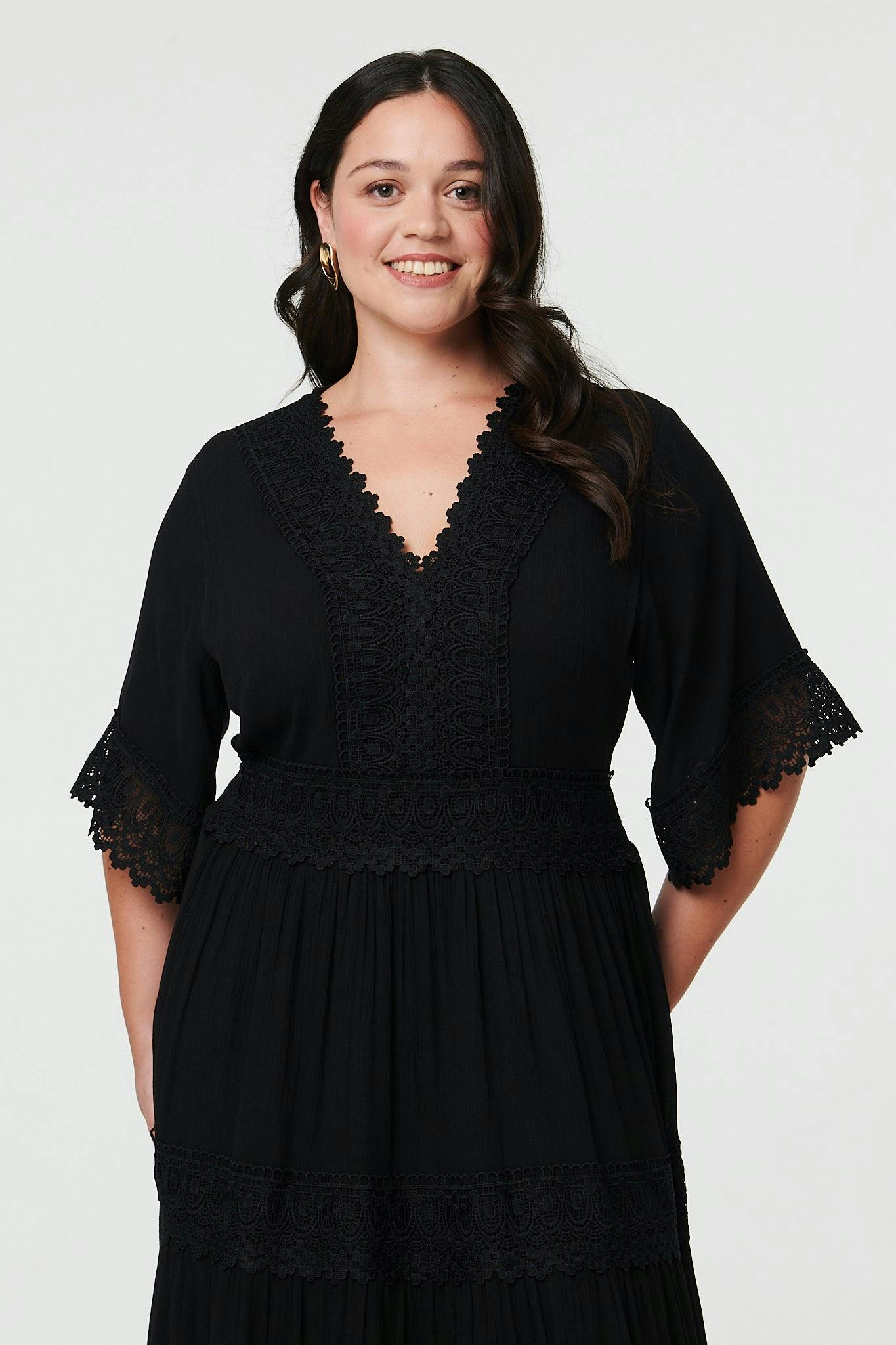 Izabel London Black Curve Tiered Lace Trim Maxi Dress - 20