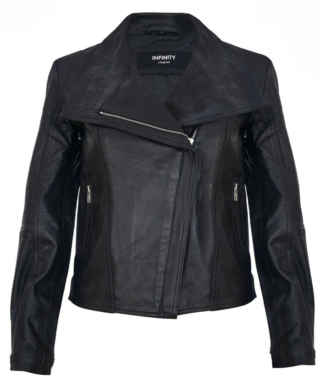 Infinity Leather Womens Shawl Wrap Biker Jacket - Riga - Black Nappa Leather - Size 24 UK - Image 2