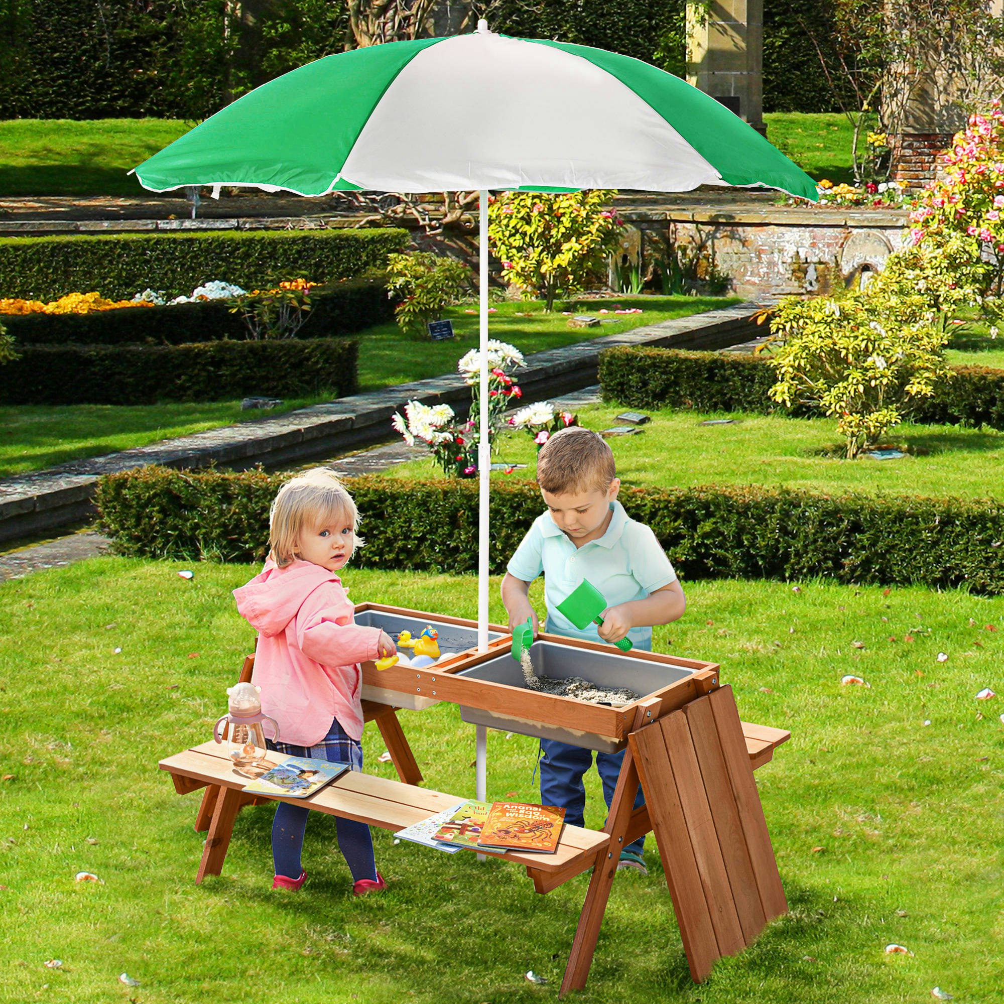 Rackhams Brown Wooden Kids Picnic Table, Sand And Water Table With Benches,