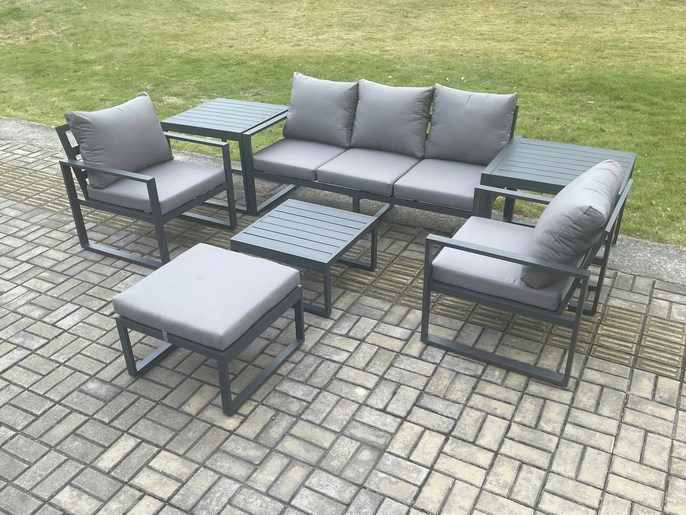 Fimous Dark/Grey Aluminium 6 Seater Outdoor Lounge Sofa Set Garden Furniture Sets With Square Coffee Table Chair Big Footstool 2 Side Tables