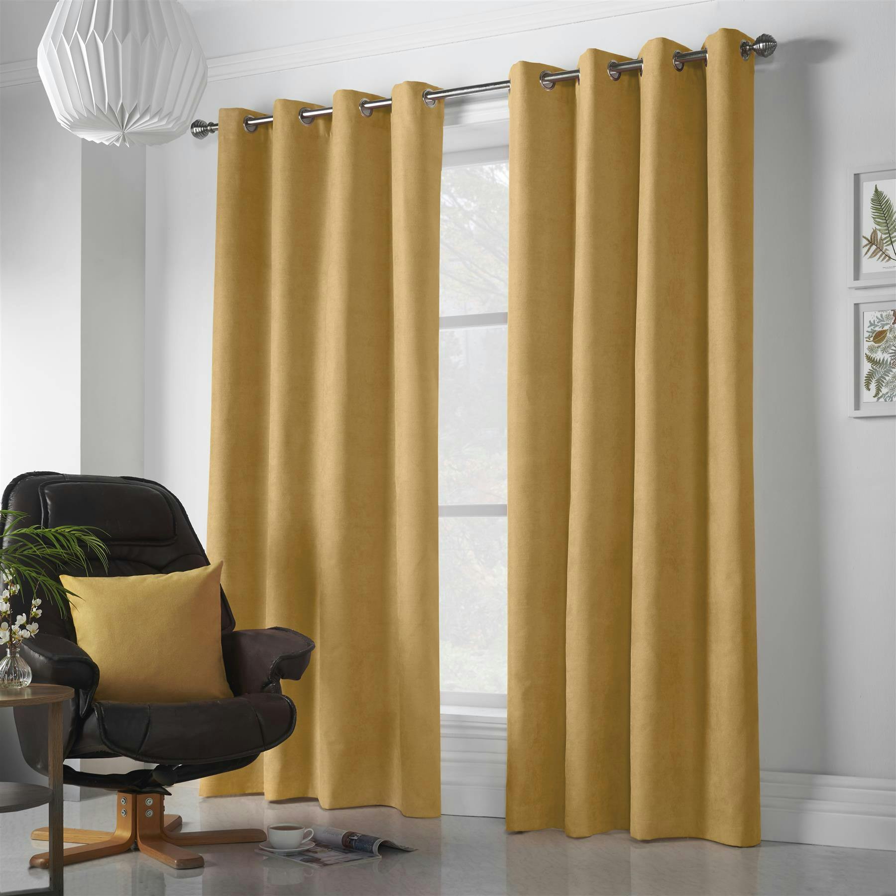 Rackhams Yellow Velvet Chenille Ring Top Curtains - 142Cm Width X 183Cm Drop