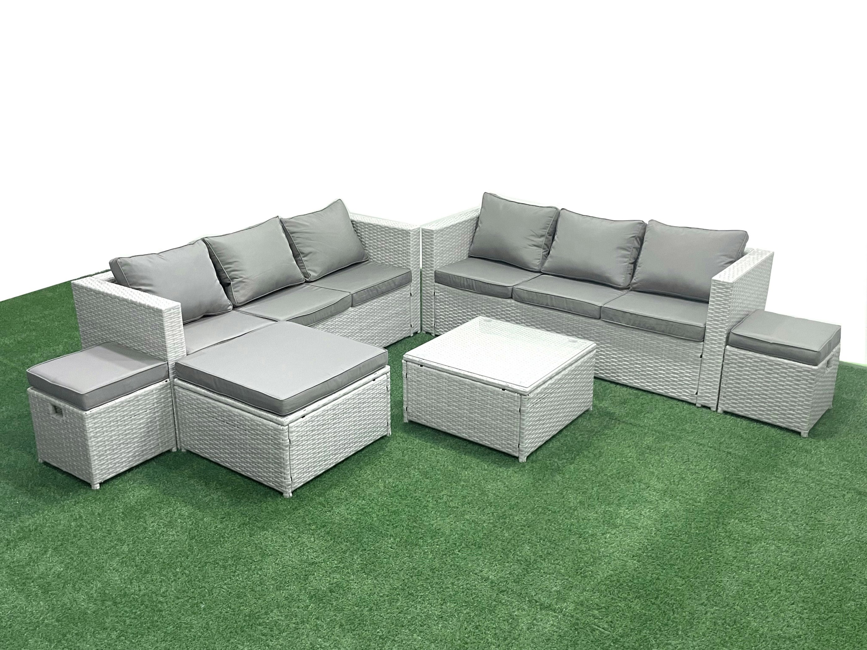 Fimous Light/Grey Rattan Garden Outdoor Furniture Set 9 Seater Rattan Garden Sofa Set With 3 Footstools Mixed