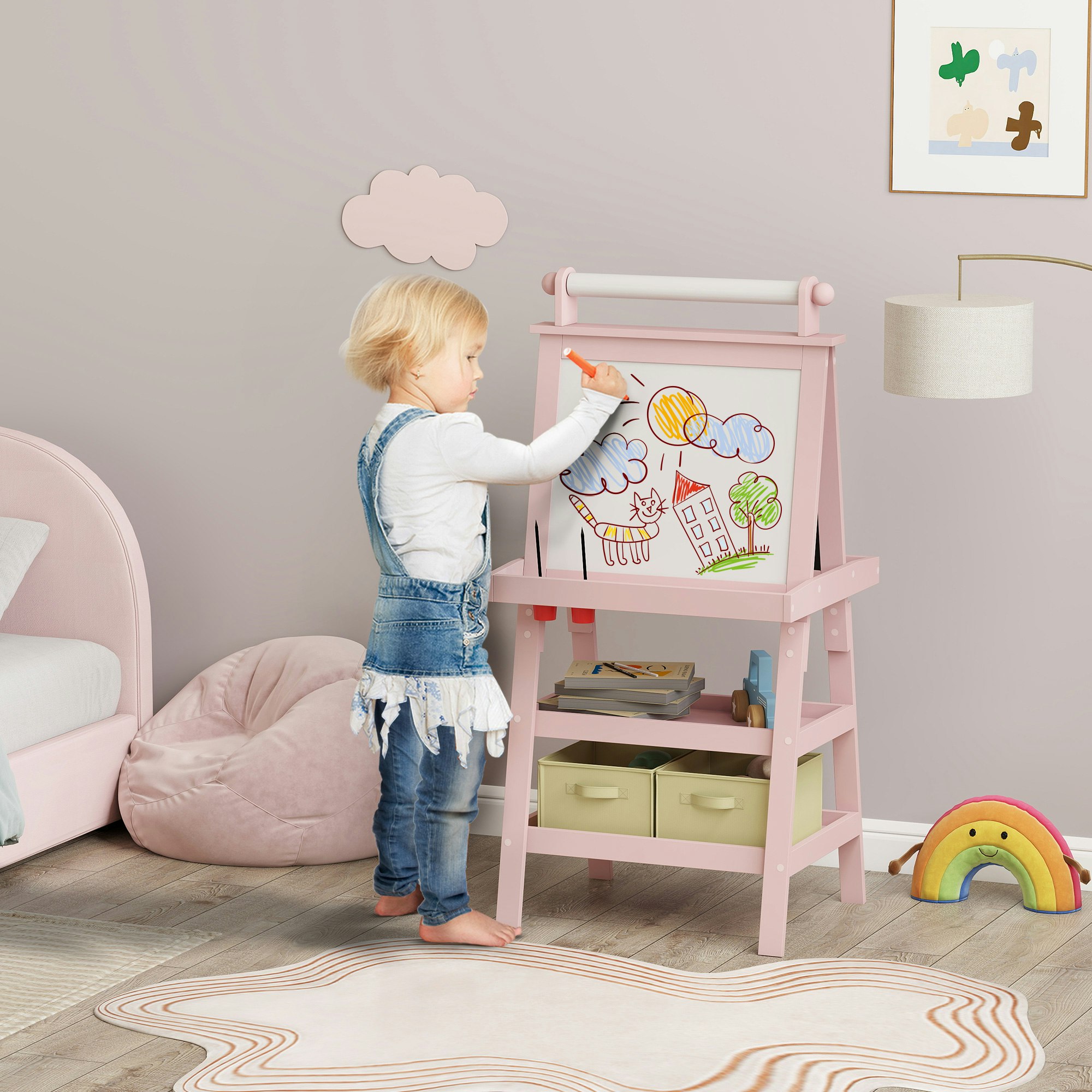 Aiyaplay Pink Double-Sided Art Easel For Kids W/ Paper Roll, Storage Baskets - 59W X 48D X 118Hcm - Kids Easel