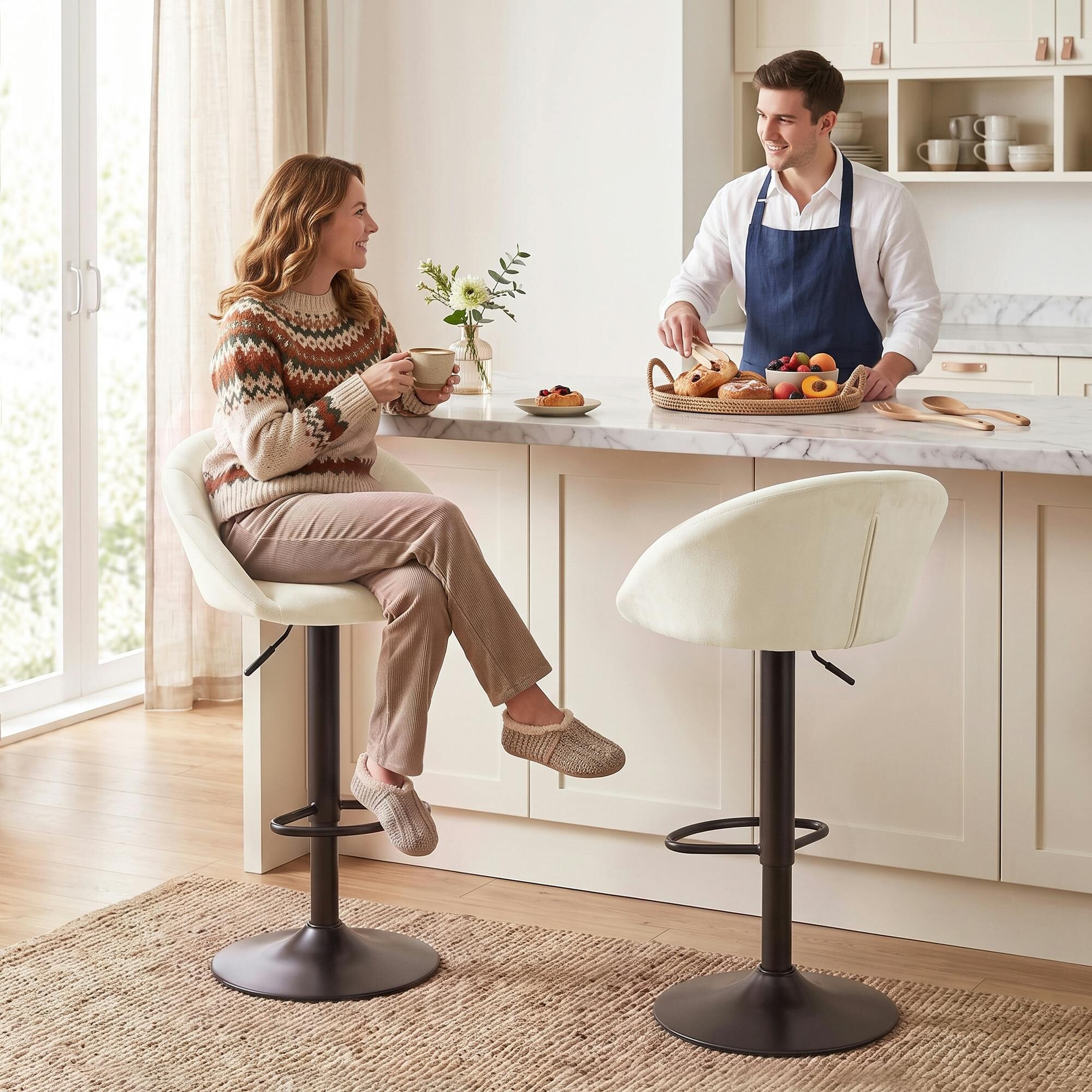 Homcom Cream/White Bar Stools Set Of 2 Velvet Adjustable Swivel