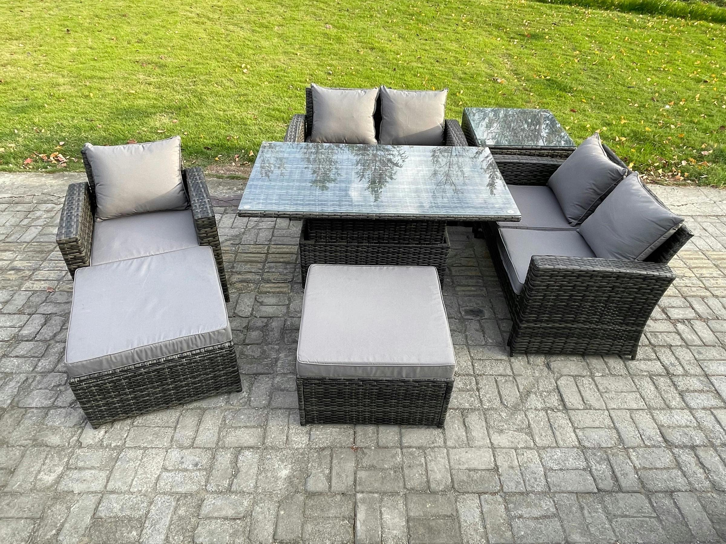 Rackhams Dark/Grey 7 Seater Outdoor Rattan Patio Set, Garden, Adj Height Table Sofa Dining Sofa, Side Table And 2 Big Footstools, Mixed