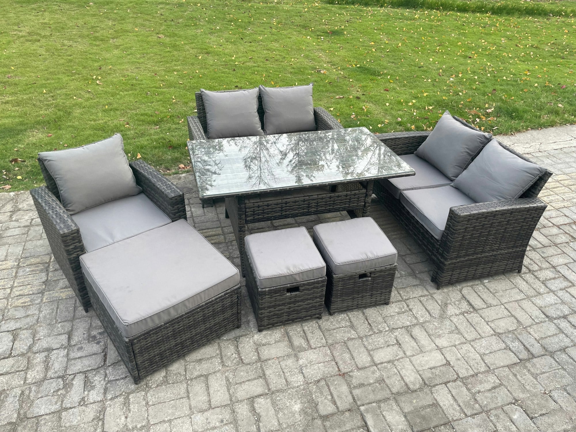 Rackhams Dark/Grey 8 Seater Outdoor Garden Dining Set Wicker Pe Rattan Furniture Sofa With Rectangular Dining Table Double Seat Sofa Mixed