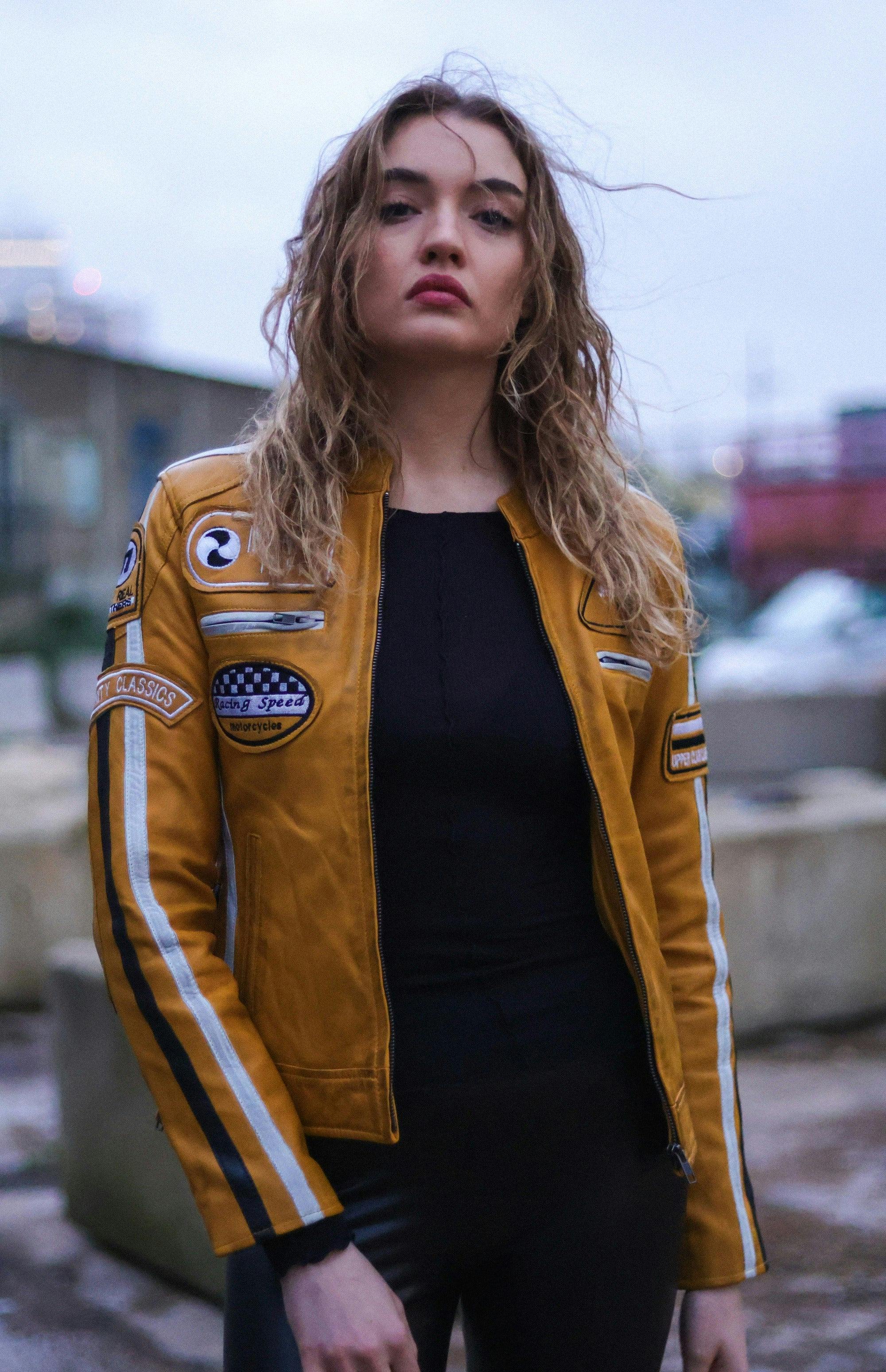Infinity Leather Women's Yellow Biker Racing Badges Leather Jacket-Eastleigh - Uk Xs/8 | Eu 34 | Us 4