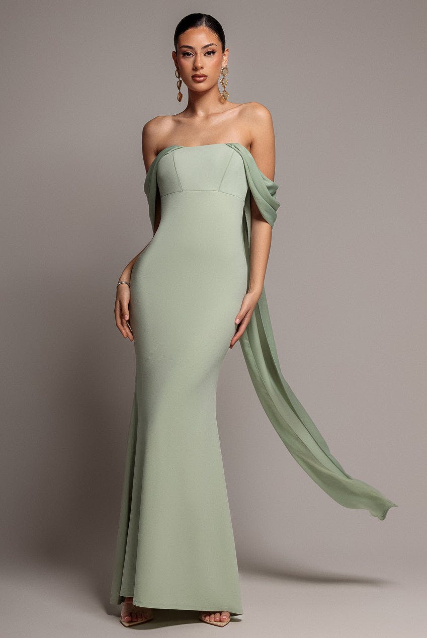 Goddiva Green Off Shoulder Velvet Satin Wing Cape Maxi Dress - Sage By - Sage - 16