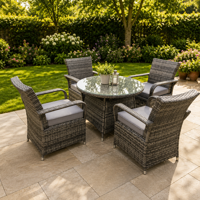 Fimous Dark/Grey Rattan Garden Furniture Dining Set Table And Chairs Wicker Patio Outdoor 4 Chairs Plus Medium Round Table