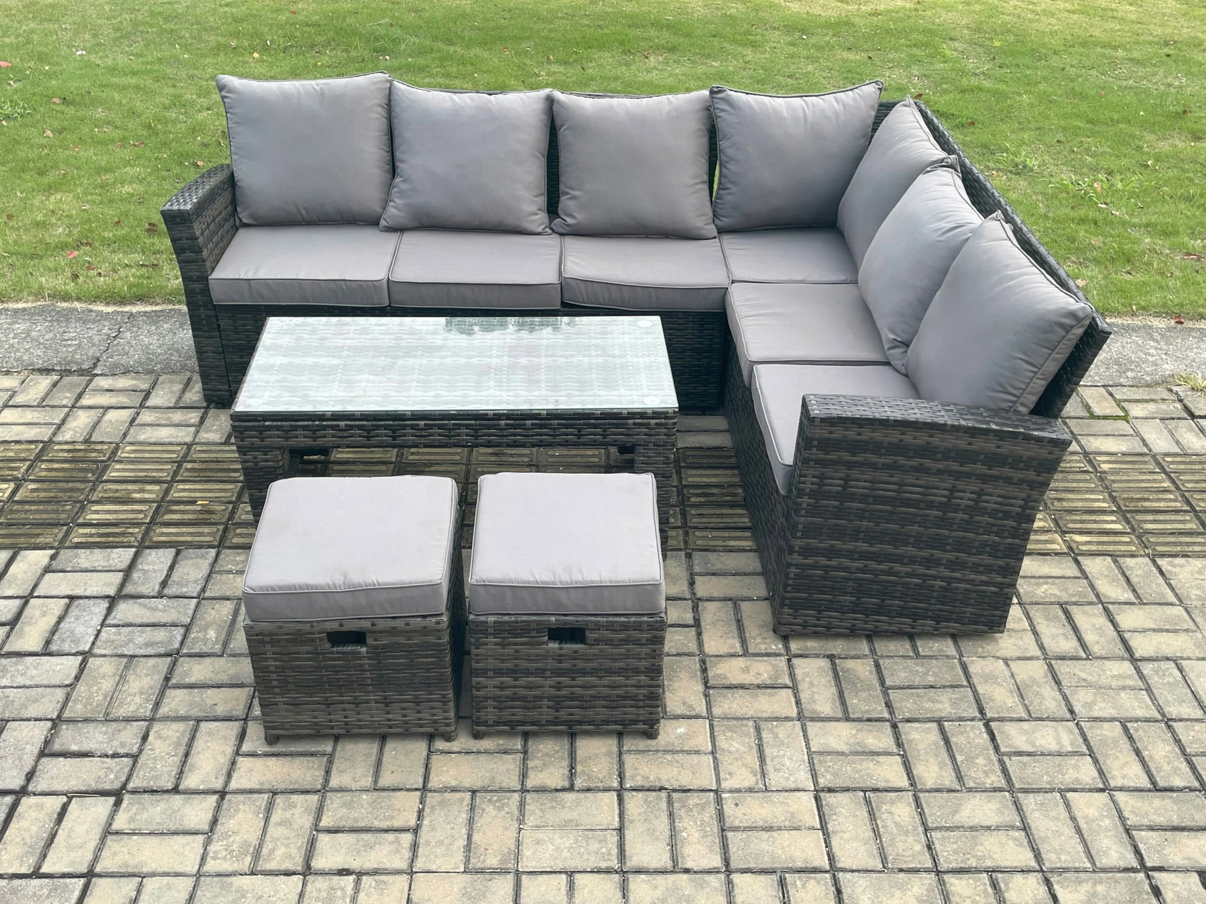 Fimous Dark/Grey 8 Seat Rattan Garden Furniture Corner Sofa Set Outdoor Patio Sofa Table Set With 2 Small Footstools Mixed