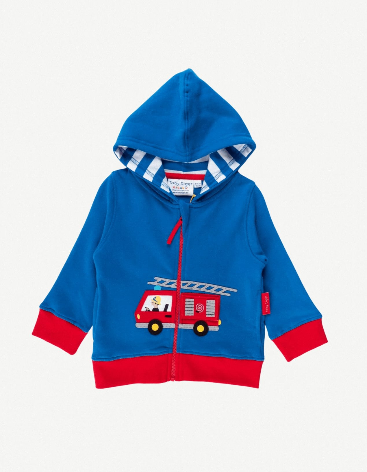Toby Tiger Red Organic Fire Engine Applique Hoodie - 7-8Y / 128Cm