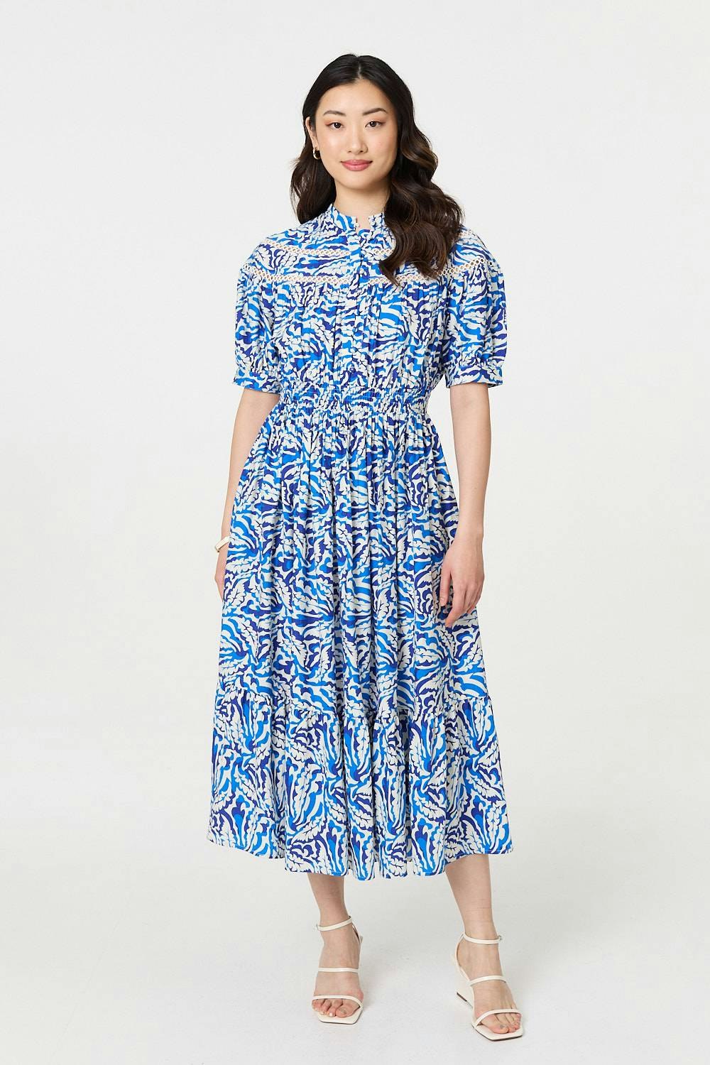 Izabel London Blue Leaf Print 1/2 Sleeve Midi Shirt Dress - 8