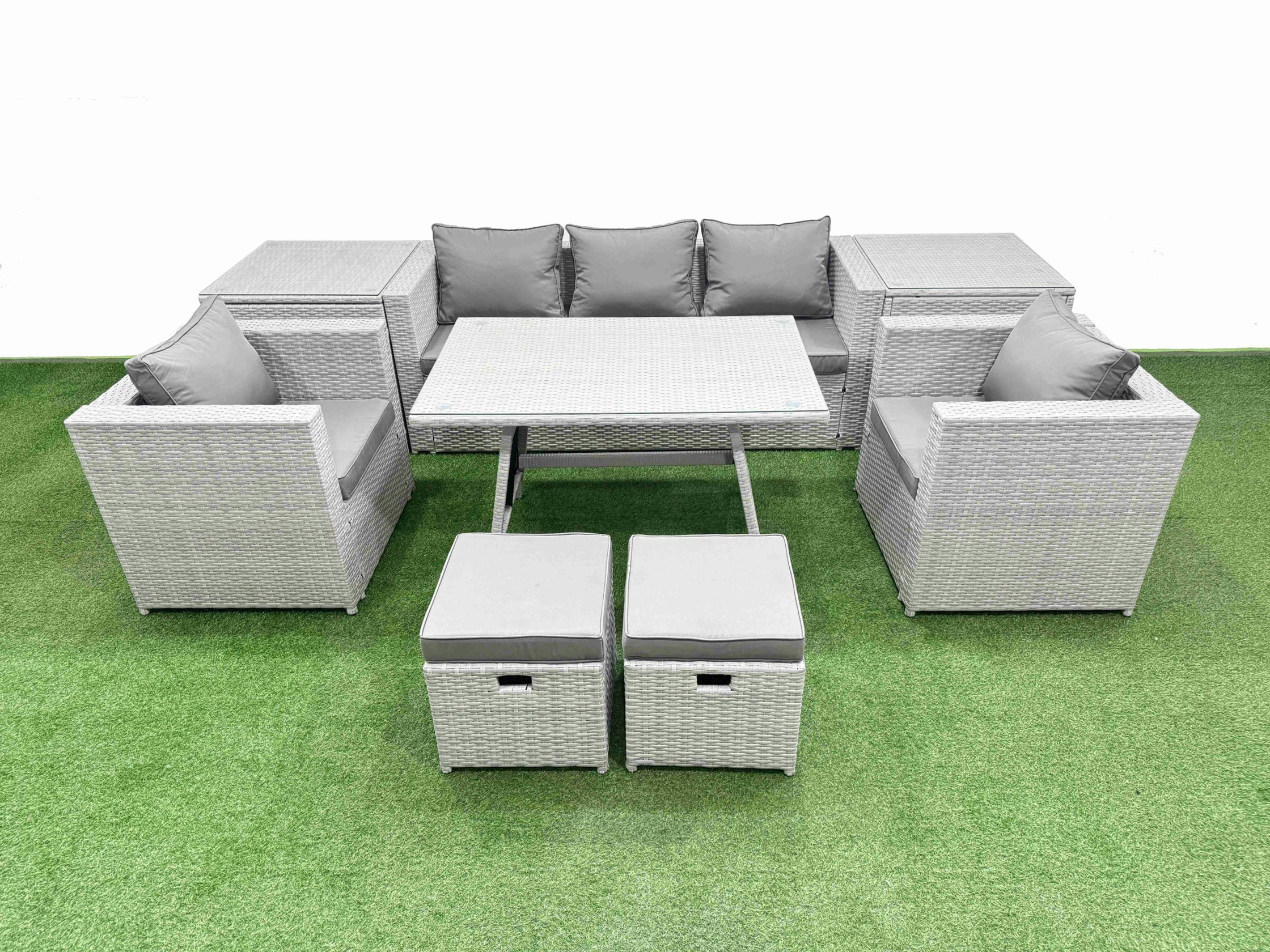 Fimous Light/Grey 9 Pieces Outdoor Pe Rattan Sofa Armchair Set Patio Garden Furniture Sets With Cushions 2 Side Tables 2 Small Stools