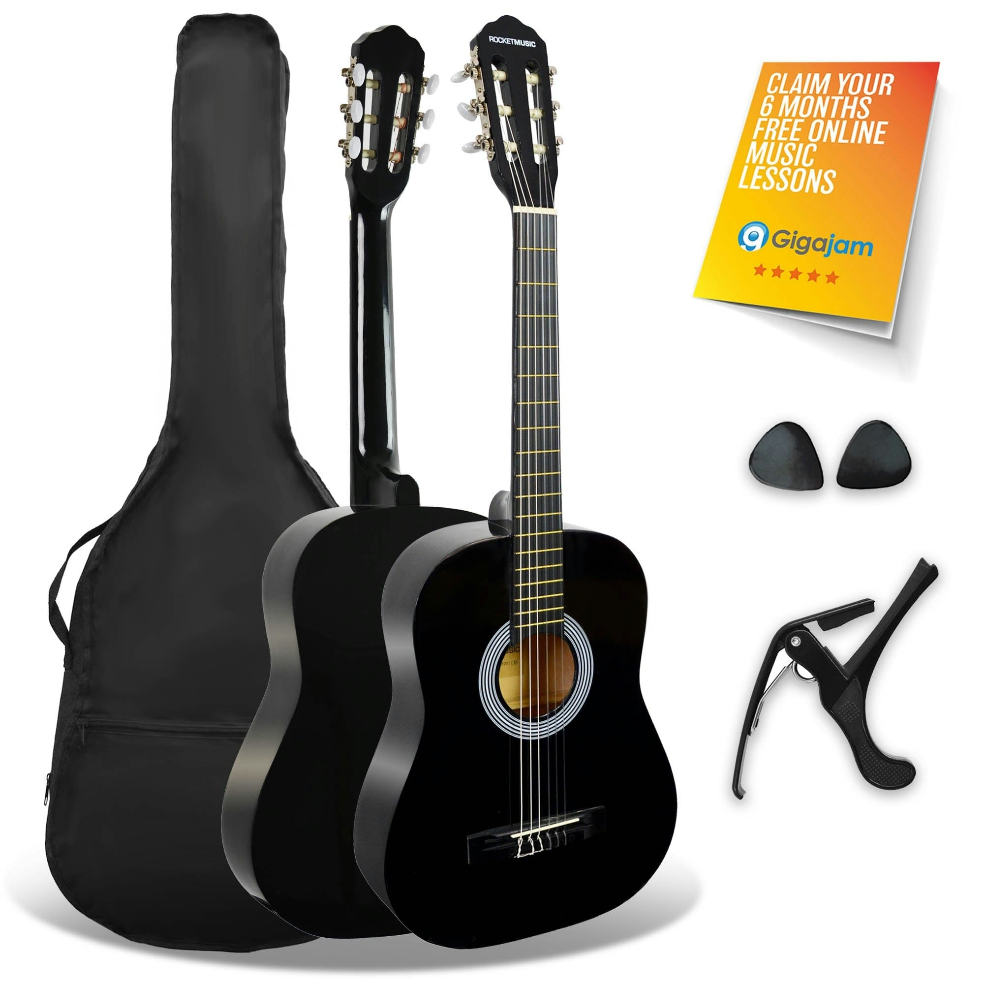 3rd Avenue Rocket 3/4 Classical Guitar Pack - Black - Kids Beginner Guitar with Case, Picks & Capo - Image 2