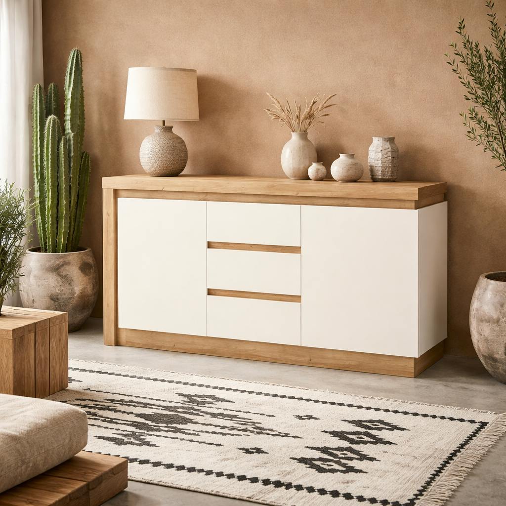 Wyld Haus White Hjorring Natural Oak Wood And Sideboard 2 Doors 3 Drawers