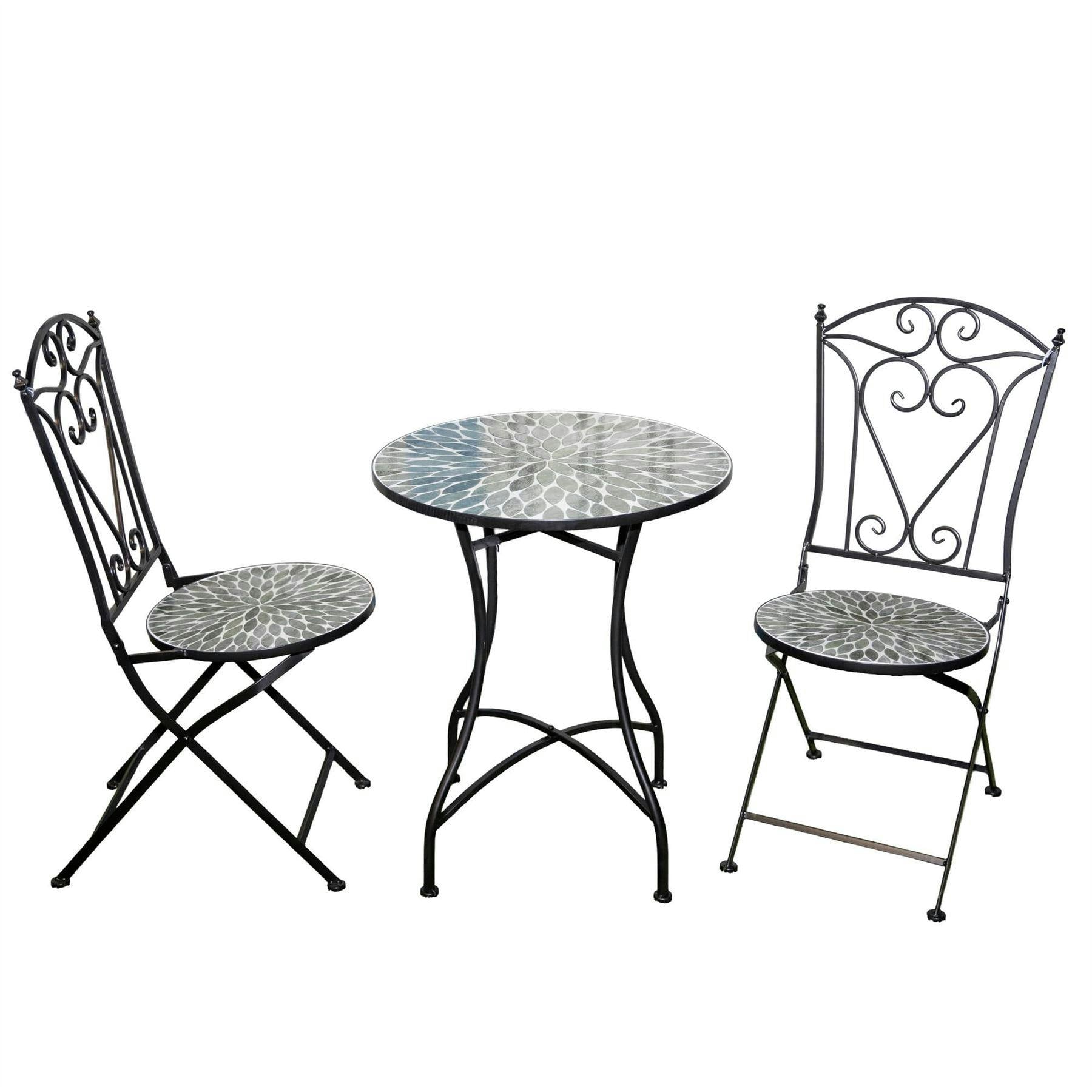 Rackhams Leaf Mosaic Bistro Set 3 Piece Folding Garden Furniture Set With Round Table And Two Chairs For Balcony Dining - 3 Piece