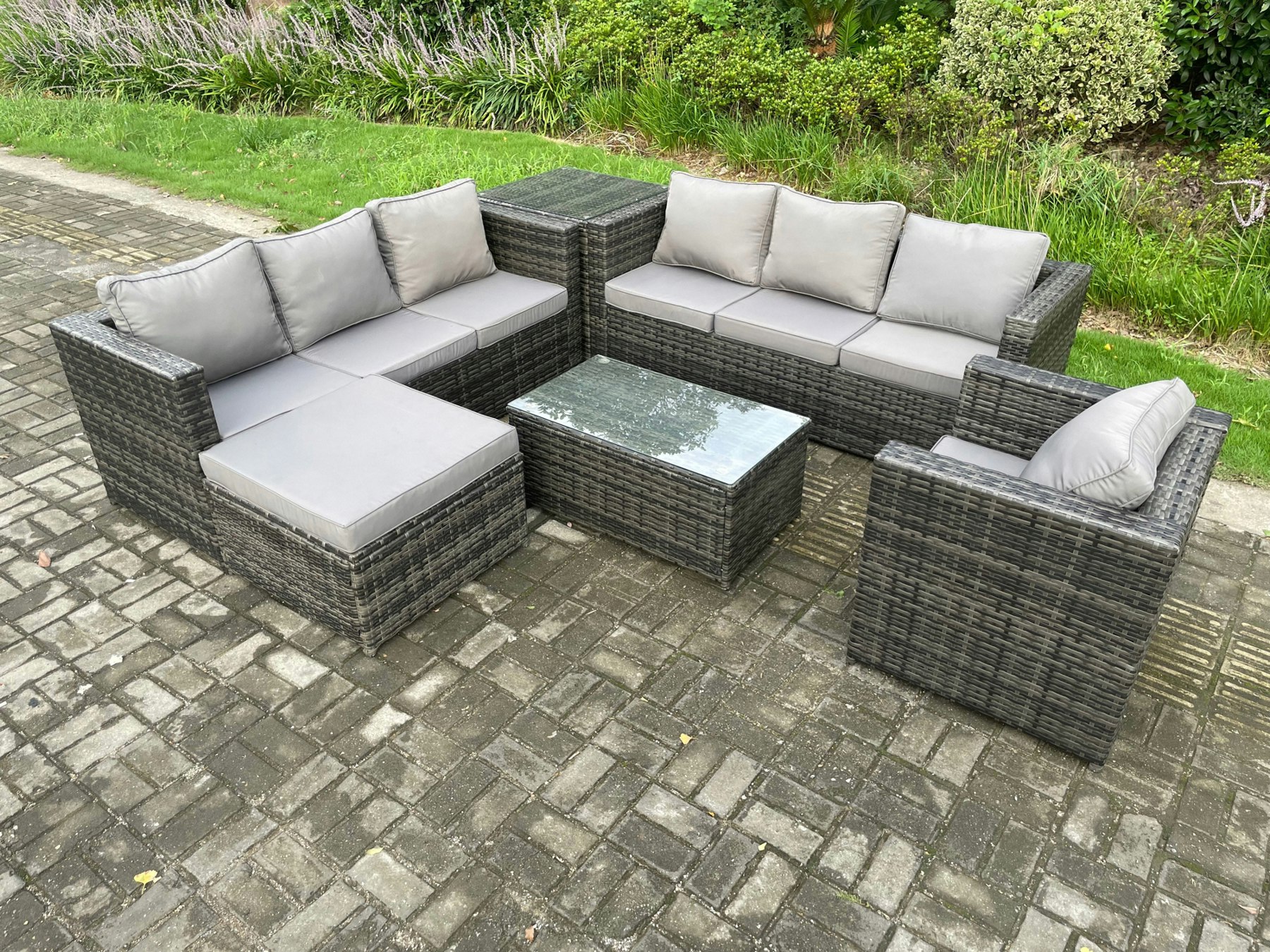 Fimous Dark/Grey Wicker Pe Rattan Sofa Set Outdoor Patio Garden Furniture With Armchair Oblong Coffee Table Side Table Big Footstool Mixed