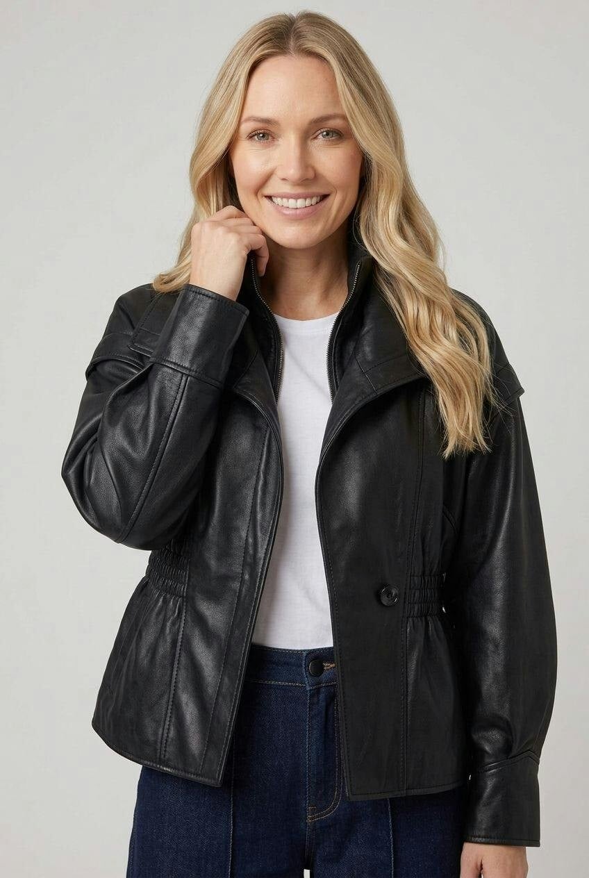 Izabel London Black Faux Leather Layered High Neck Jacket - S/M