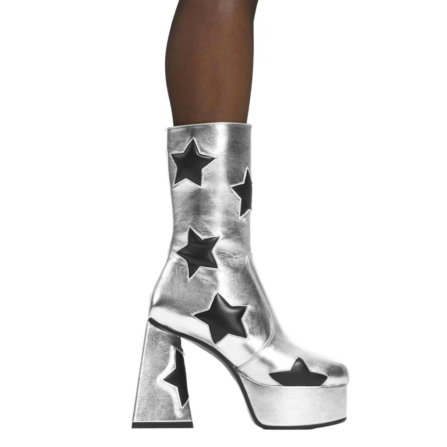 Lamoda Black/Silver Seeking Stars Chunky Platform Ankle Boots Star Detail - Uk4