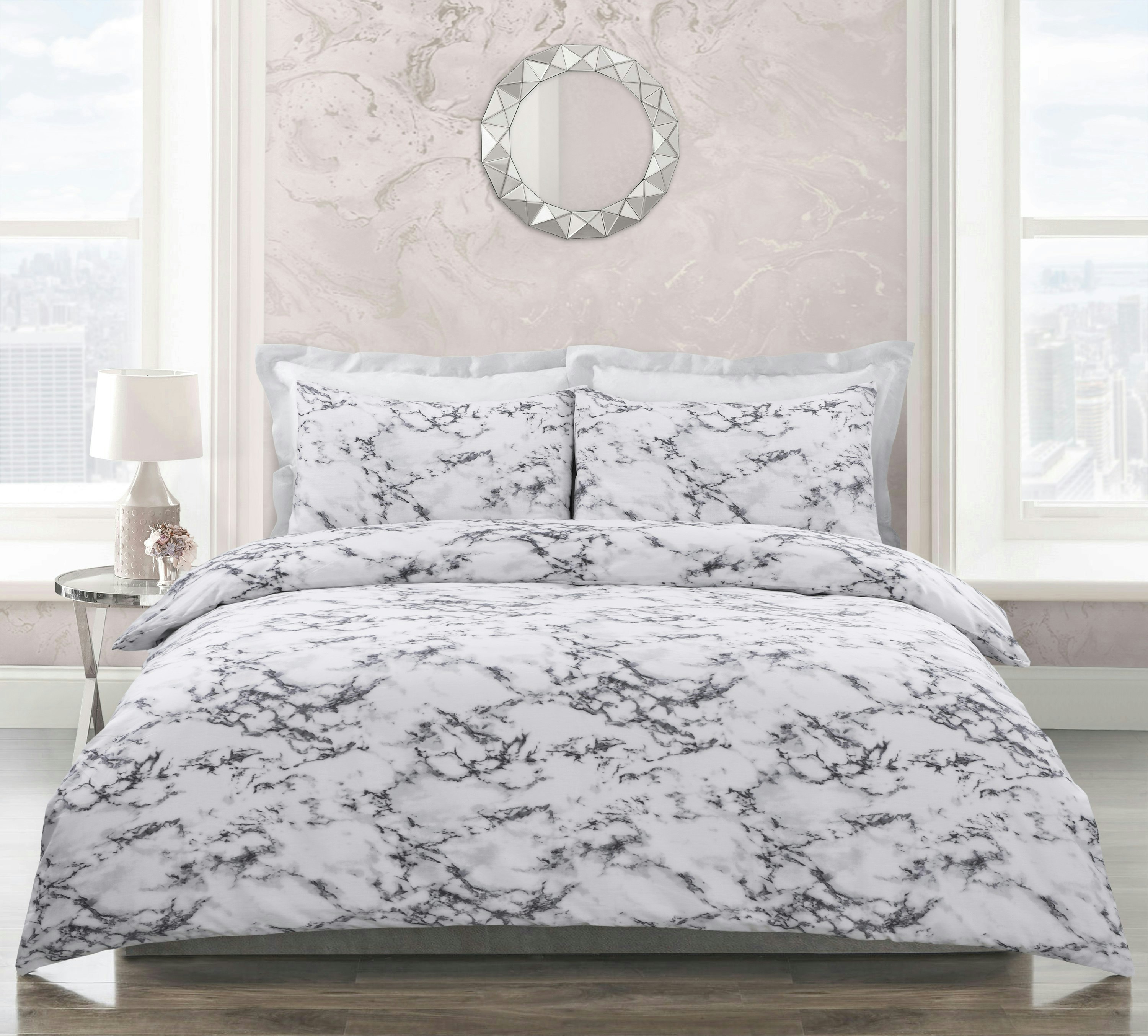 Velosso Grey Marble Printed Cotton Blend Duvet Cover And Pillowcase Set - King