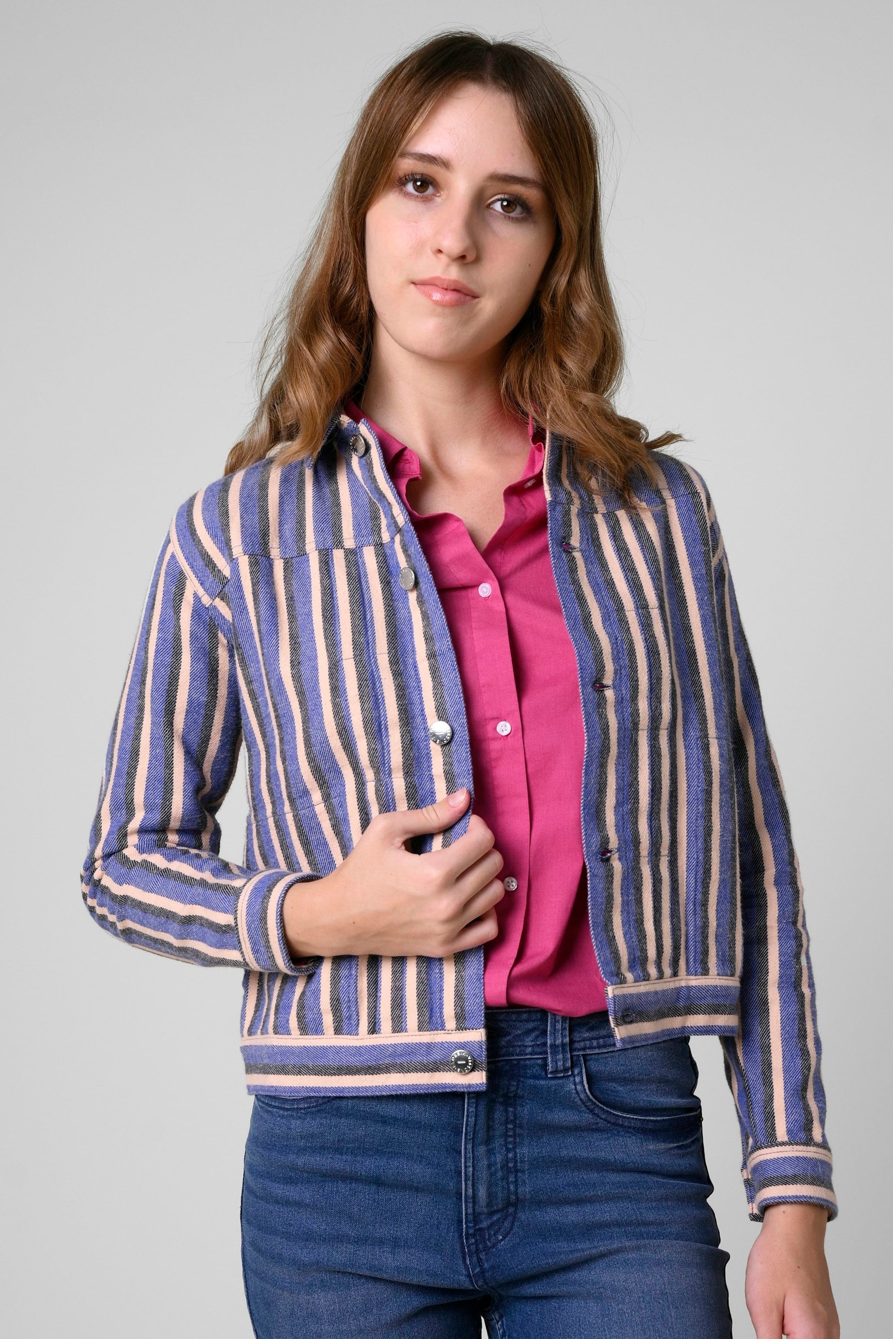 Enorsia Women's Multicolor Blue Stripe Pattern Cropped Jacket | Size: 10 - Image 5