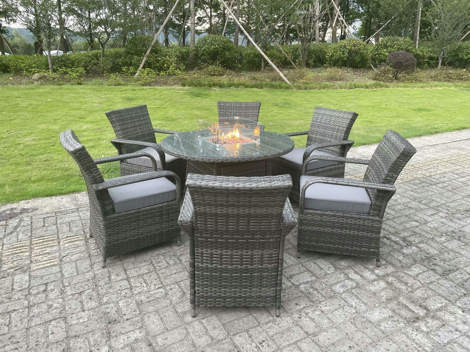 Rackhams Dark/Grey Rattan Garden Furniture Gas Fire Pit Round Dining Table Gas Heater And Dining Chairs 6 Seater