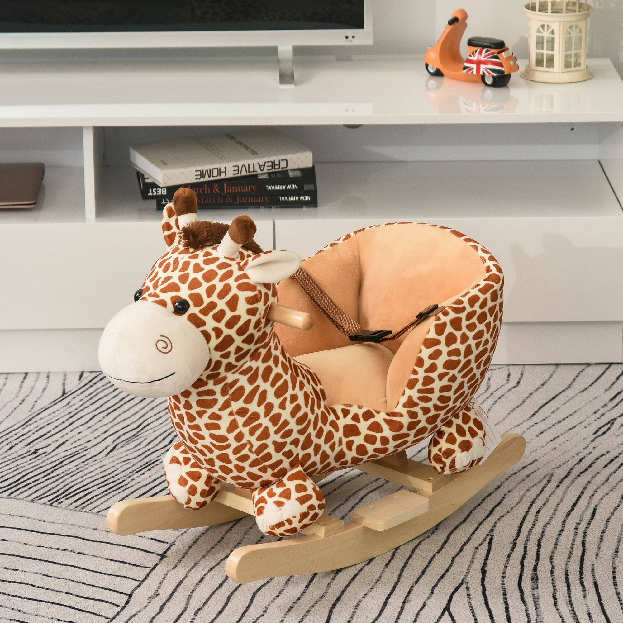 Homcom Baby Rocking Horse Kids Ride On Giraffe Plush Toy With 32 Songs / Seat Belt