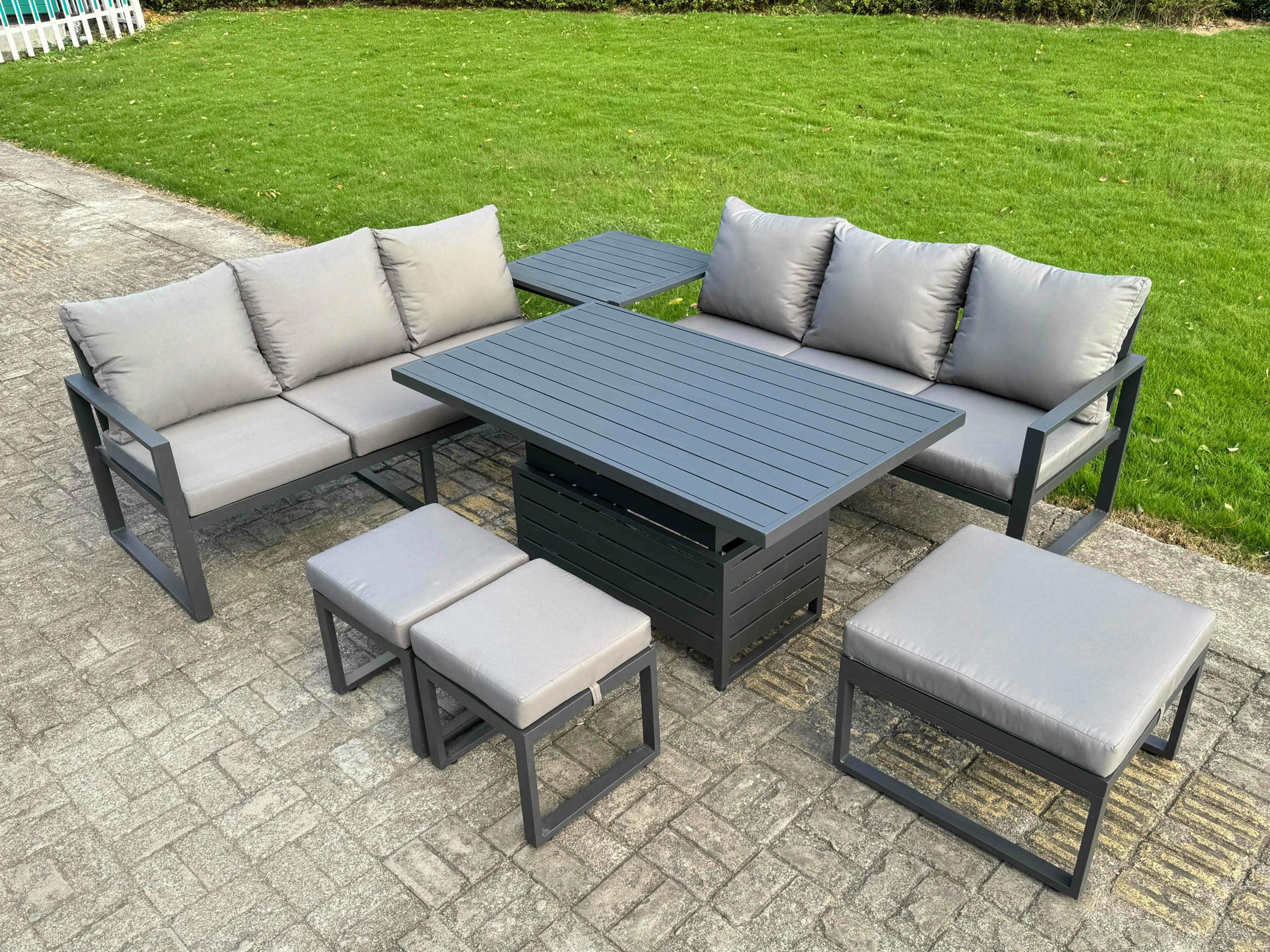 Rackhams Dark/Grey 8 Seater Aluminium Garden Furniture Set With Adjustable Rising Dining Table, 2 Sofas, Side Table, 3 Footstools