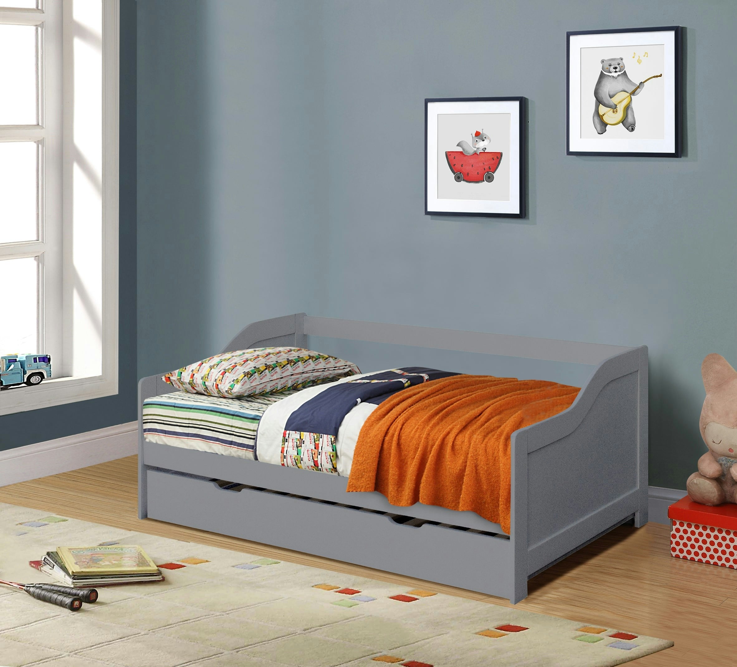 Comfy Living Grey/White 3Ft Wooden Trundle Bed, Or Caramel Bedroom Furniture Trundle Bed
