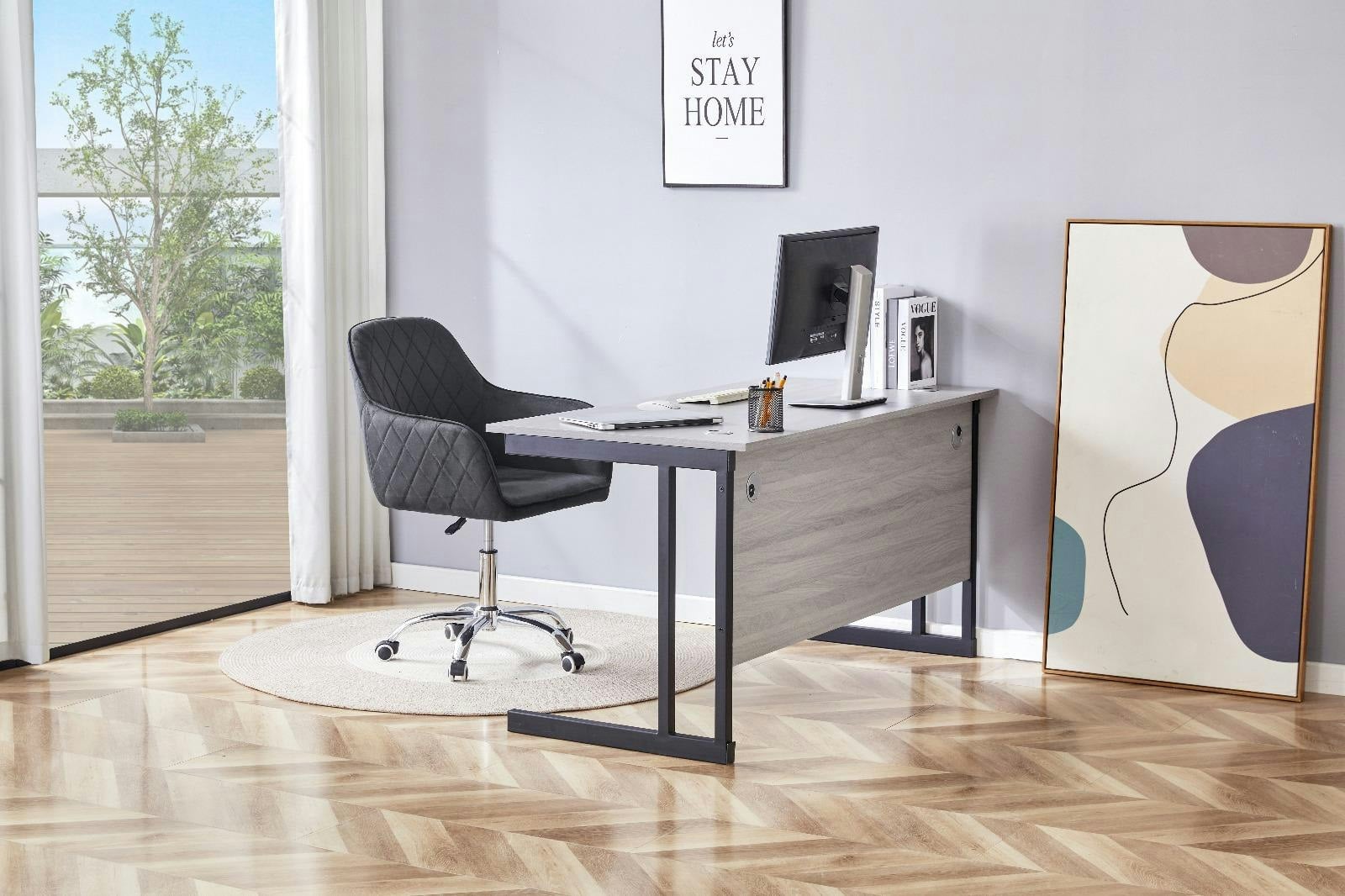 Kosy Koala Grey Office Desk Set With Black Velvet Upholstered Chair Wooden Room Furniture - Image 5