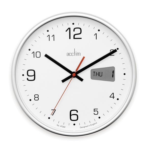 Rackhams Silver Kalendar Wall Clock Non-Ticking Sweep Lcd Digital Display Energy Efficient 27Cm