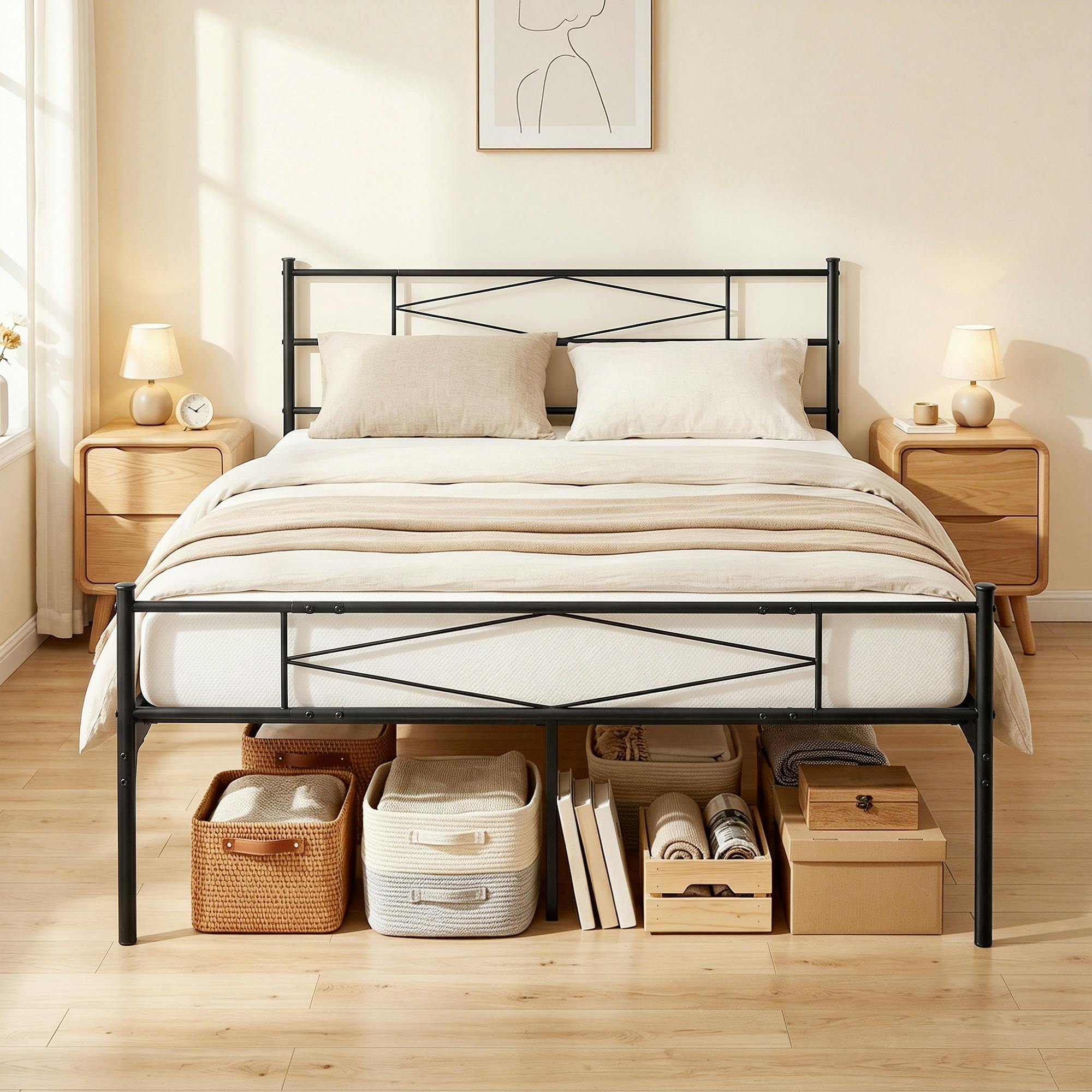 Rackhams Black 5Ft King Bed Frame With Steel Slat Support, Noise-Free,