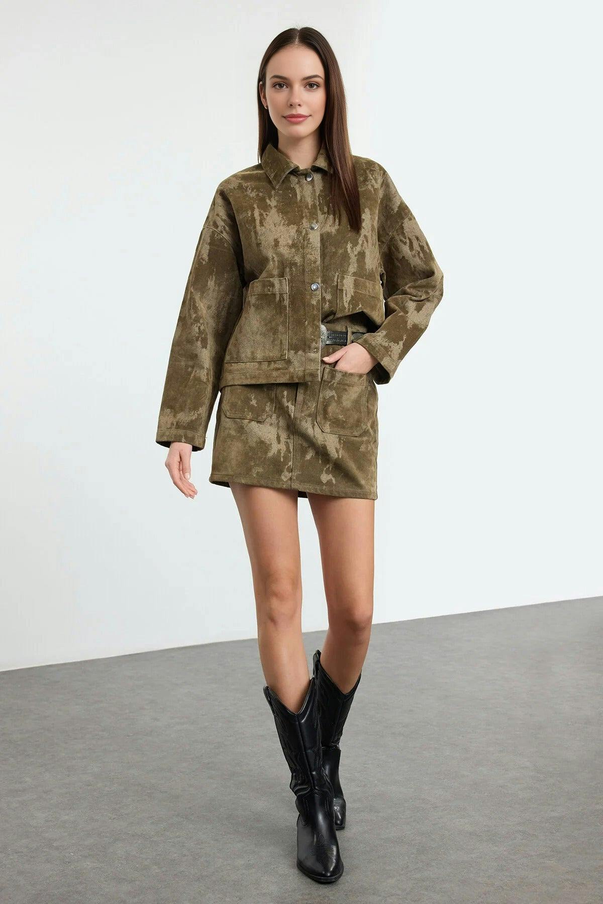 Wovcor Suede-Look Normal Waist Mini Denim Skirt - Khaki - 8