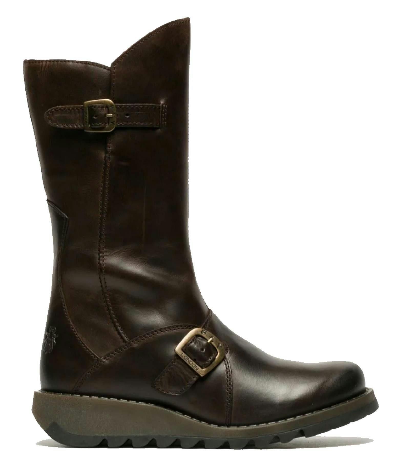 Fly London Women's Brown Mes 2 Wedge Heel Buckle Mid-Calf Leather Zip Platform Boots - Dk - Uk 3 | Eu 36 | Us 5.5